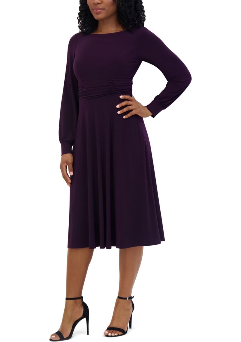 Womens Solid Boat Neck Fit and Flare Dress