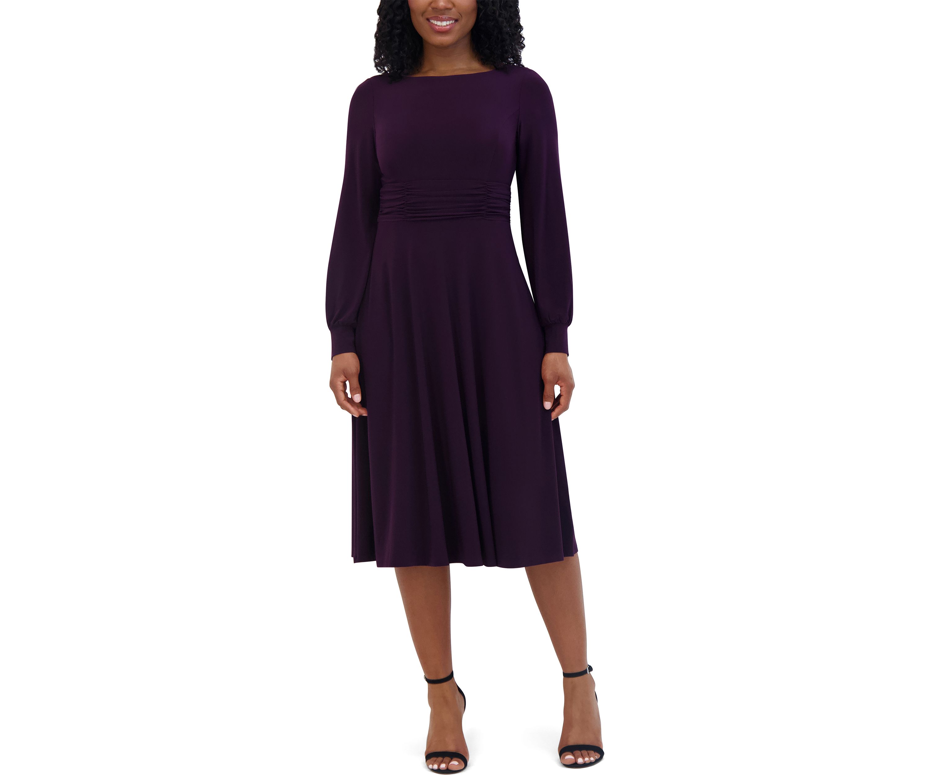 Womens Solid Boat Neck Fit and Flare Dress