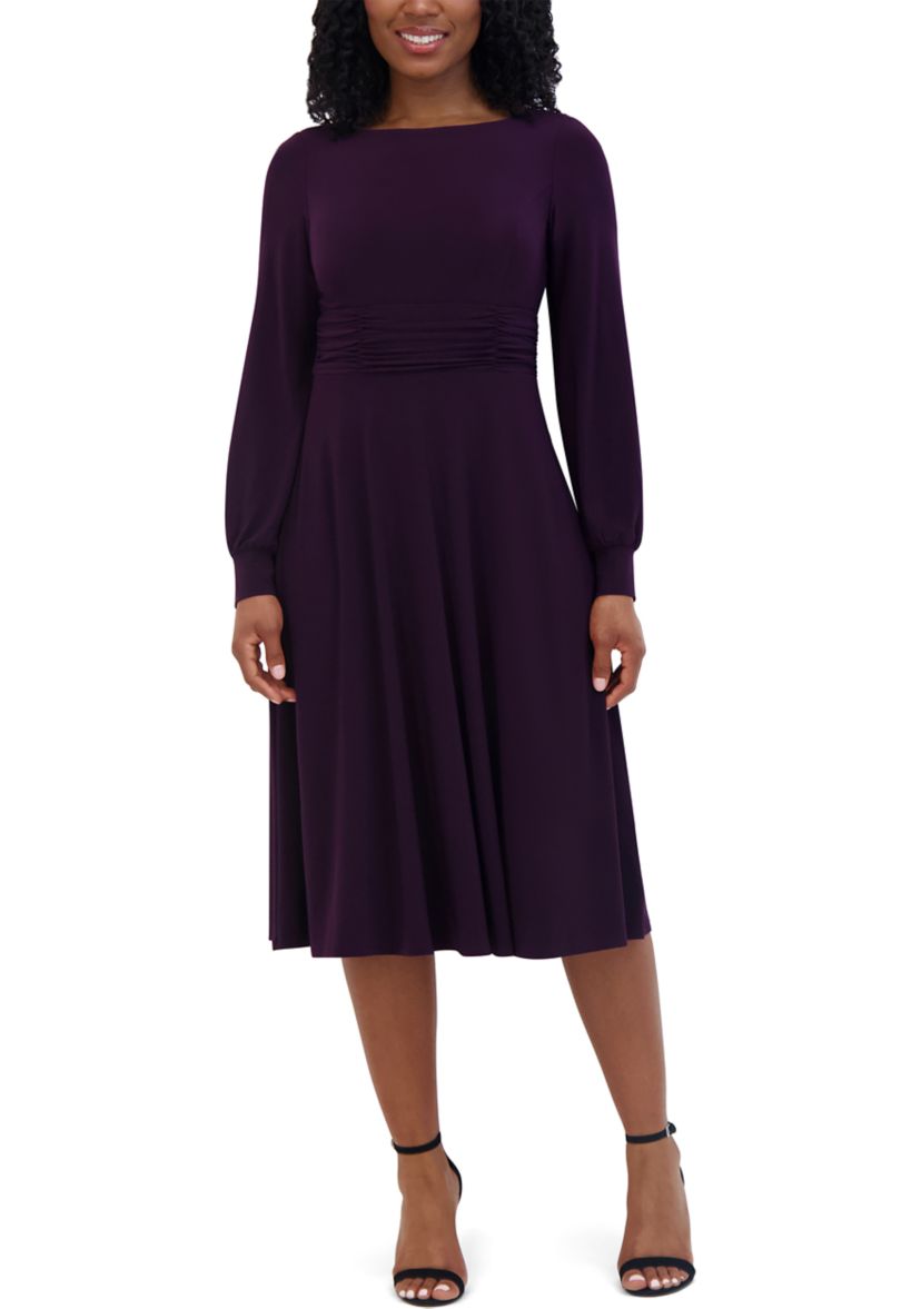 Womens Solid Boat Neck Fit and Flare Dress