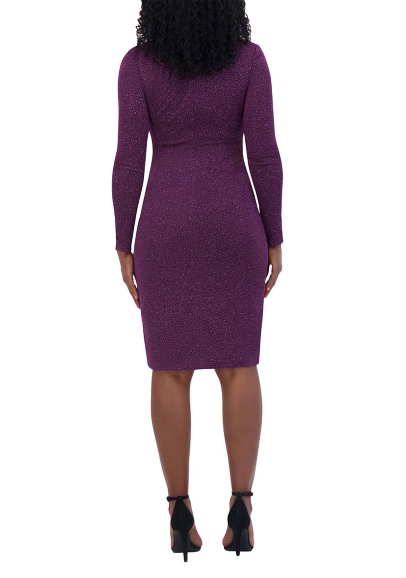 Womens Long Sleeve V-Neck Solid Side Ruch Sheath Dress