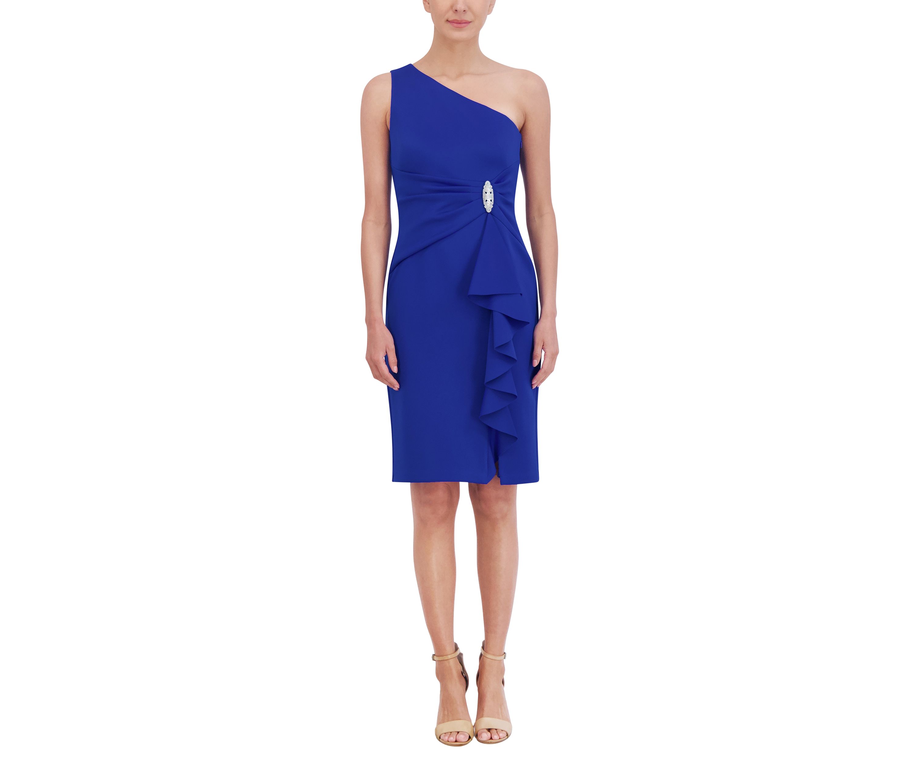 Womens One Shoulder Ruffle Scuba Embellished Sheath Dress