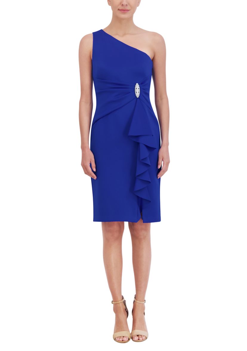 Womens One Shoulder Ruffle Scuba Embellished Sheath Dress