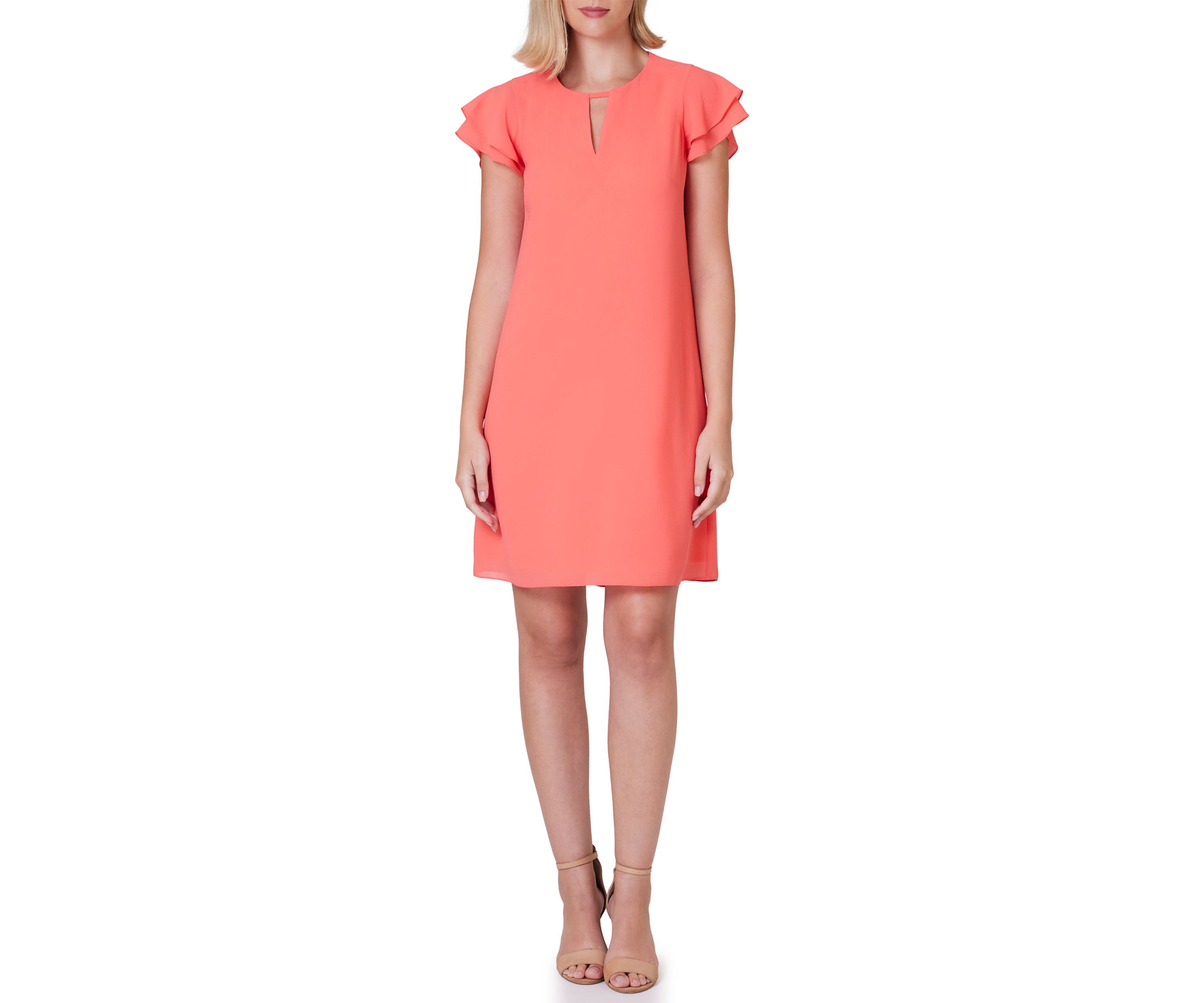 Womens Short Sleeve Keyhole Neck Solid A-Line Dress