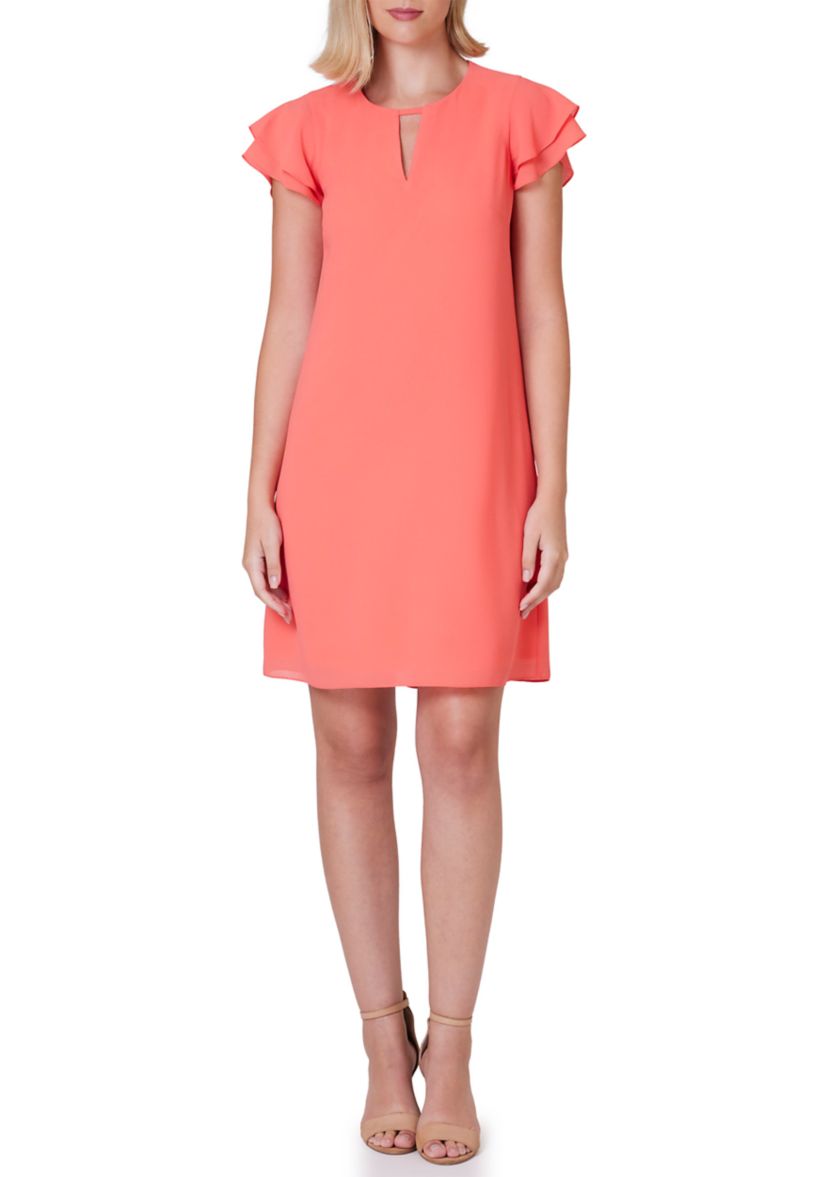 Womens Short Sleeve Keyhole Neck Solid A-Line Dress