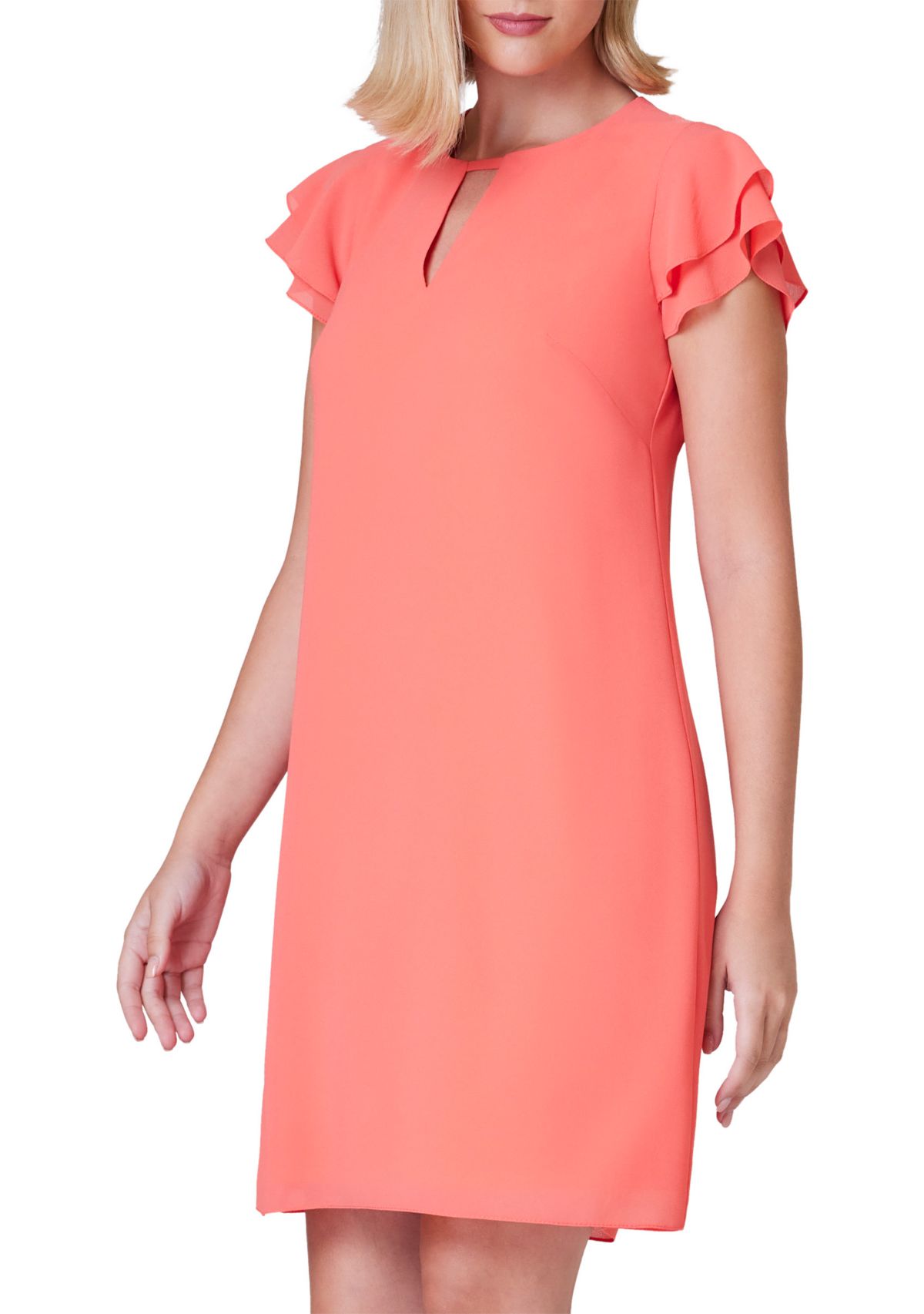 Womens Short Sleeve Keyhole Neck Solid A-Line Dress