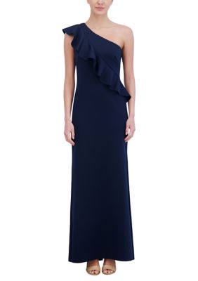 Jessica Howard Women's One Shoulder Sleeveless Slim Ruffle Detail Scuba Gown, Navy Blue, 8 -  0194592456649