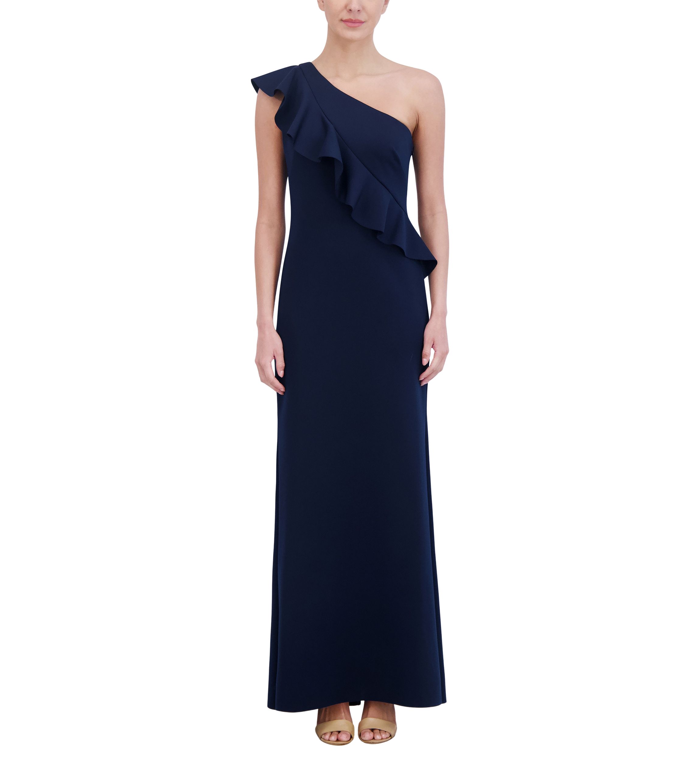 Womens One Shoulder Sleeveless Slim Ruffle Detail Scuba Gown