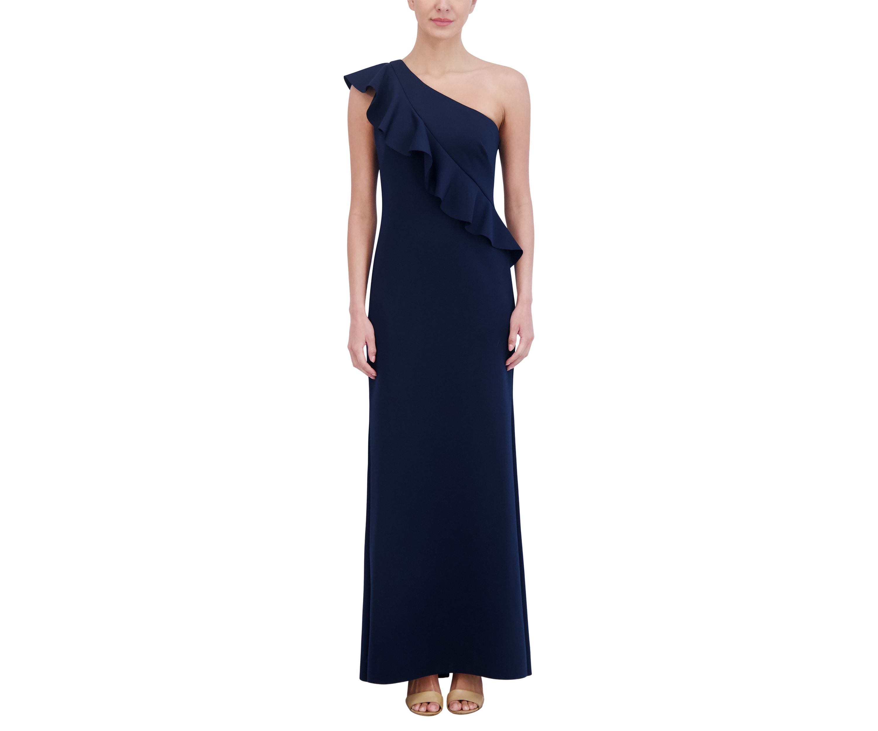 Womens One Shoulder Sleeveless Slim Ruffle Detail Scuba Gown