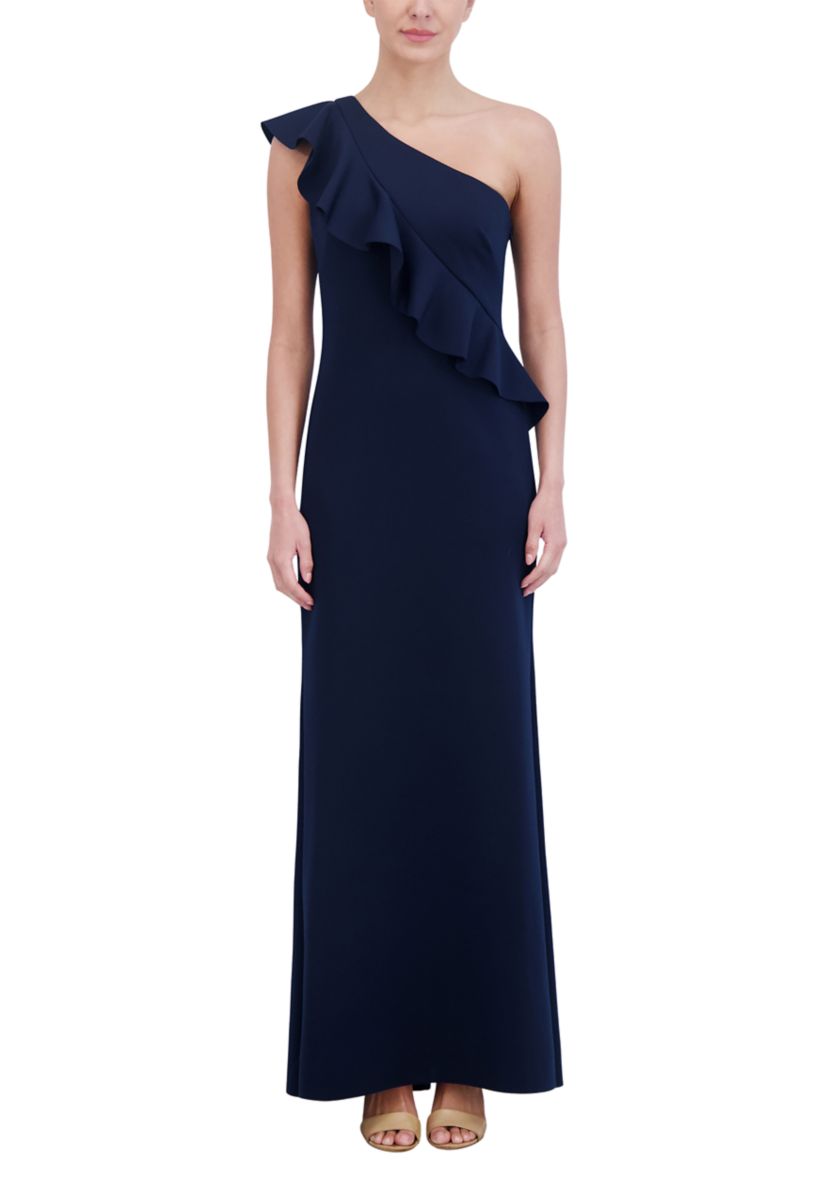 Womens One Shoulder Sleeveless Slim Ruffle Detail Scuba Gown