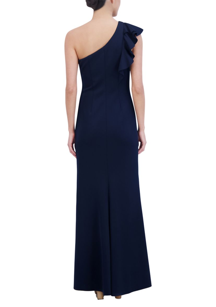 Womens One Shoulder Sleeveless Slim Ruffle Detail Scuba Gown