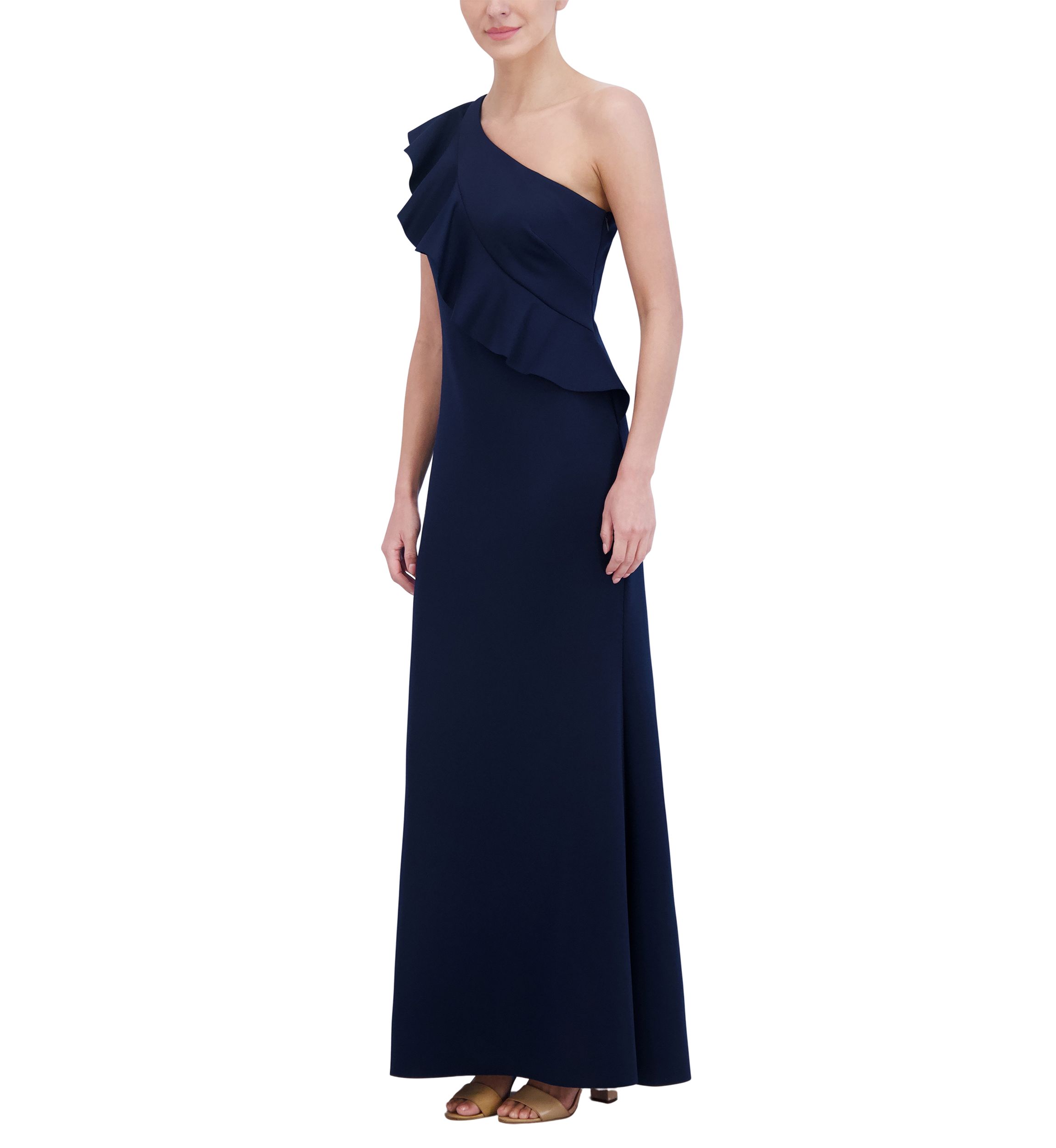 Womens One Shoulder Sleeveless Slim Ruffle Detail Scuba Gown