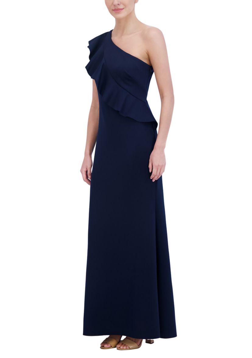 Womens One Shoulder Sleeveless Slim Ruffle Detail Scuba Gown