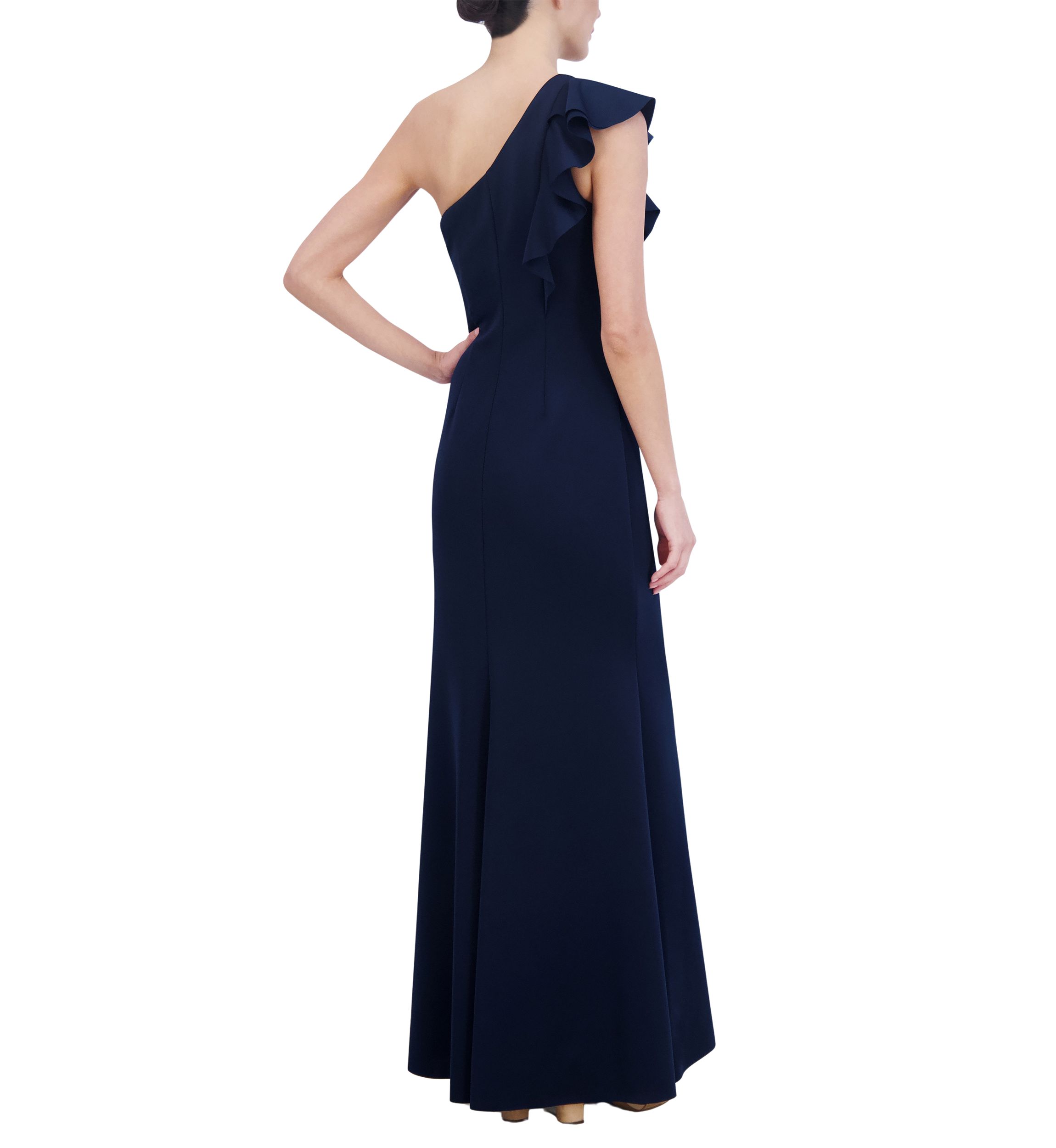 Womens One Shoulder Sleeveless Slim Ruffle Detail Scuba Gown