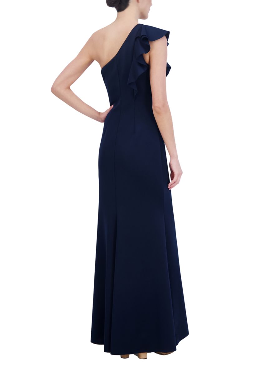 Womens One Shoulder Sleeveless Slim Ruffle Detail Scuba Gown