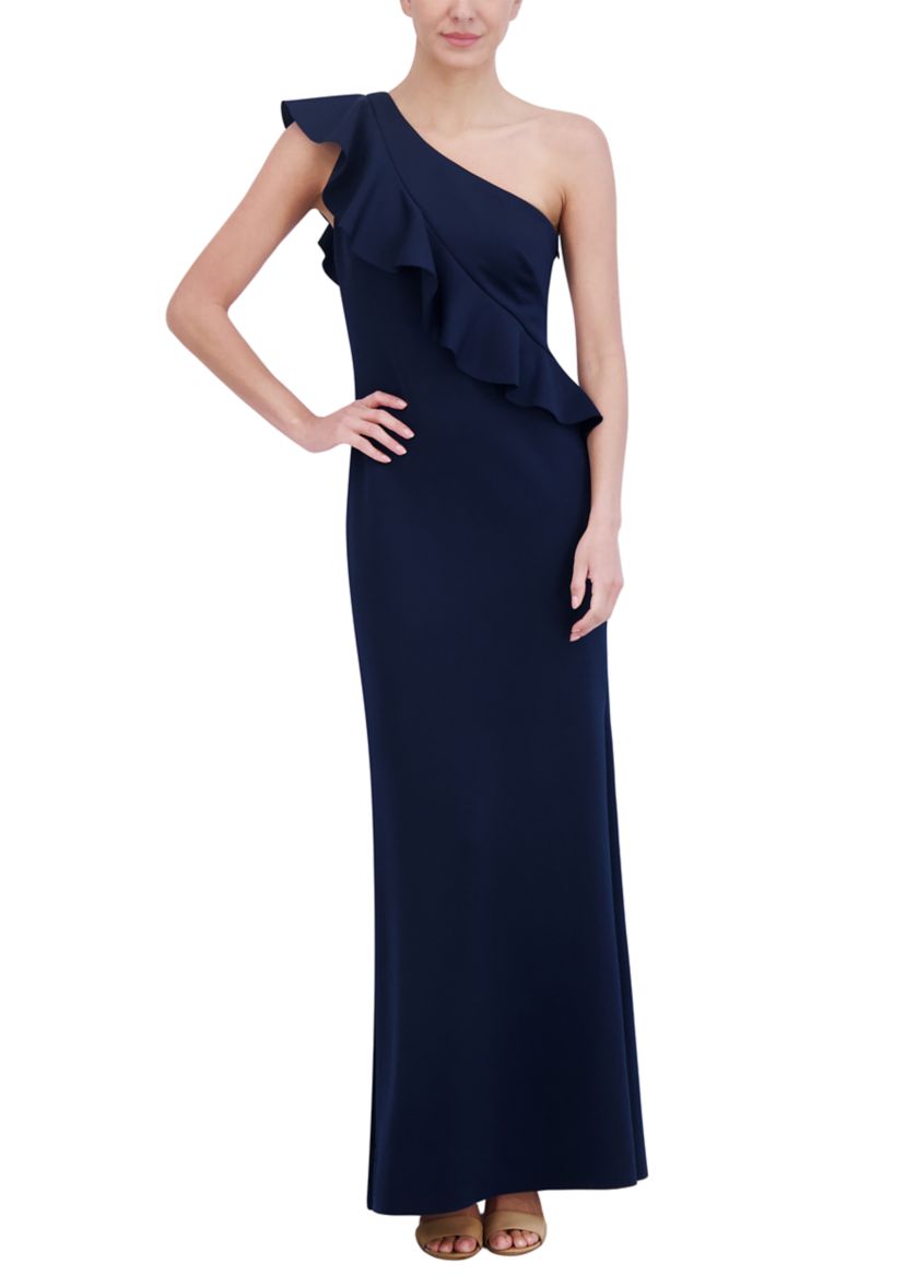 Womens One Shoulder Sleeveless Slim Ruffle Detail Scuba Gown