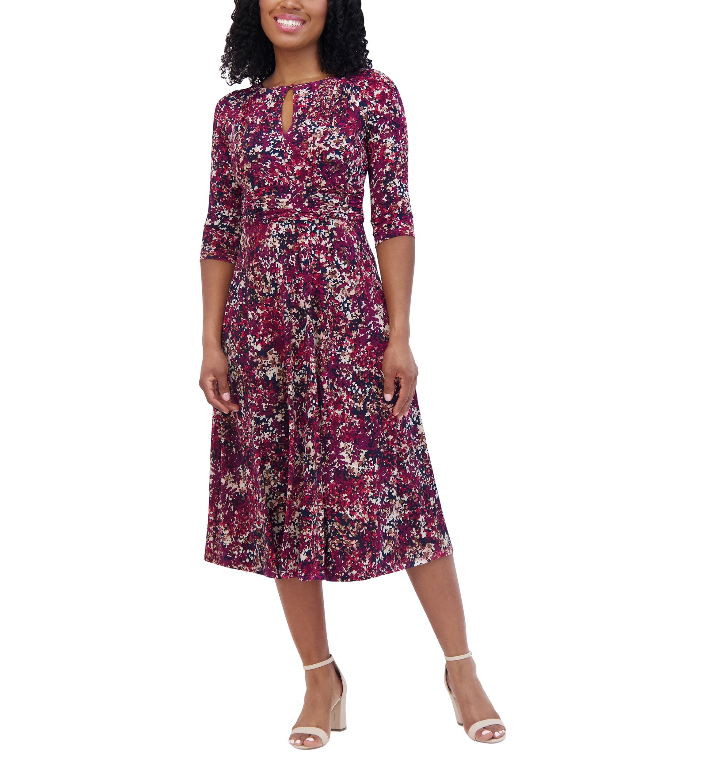 Womens 3/4 Sleeve Keyhole Neck Abstract Print Fit and Flare Dress