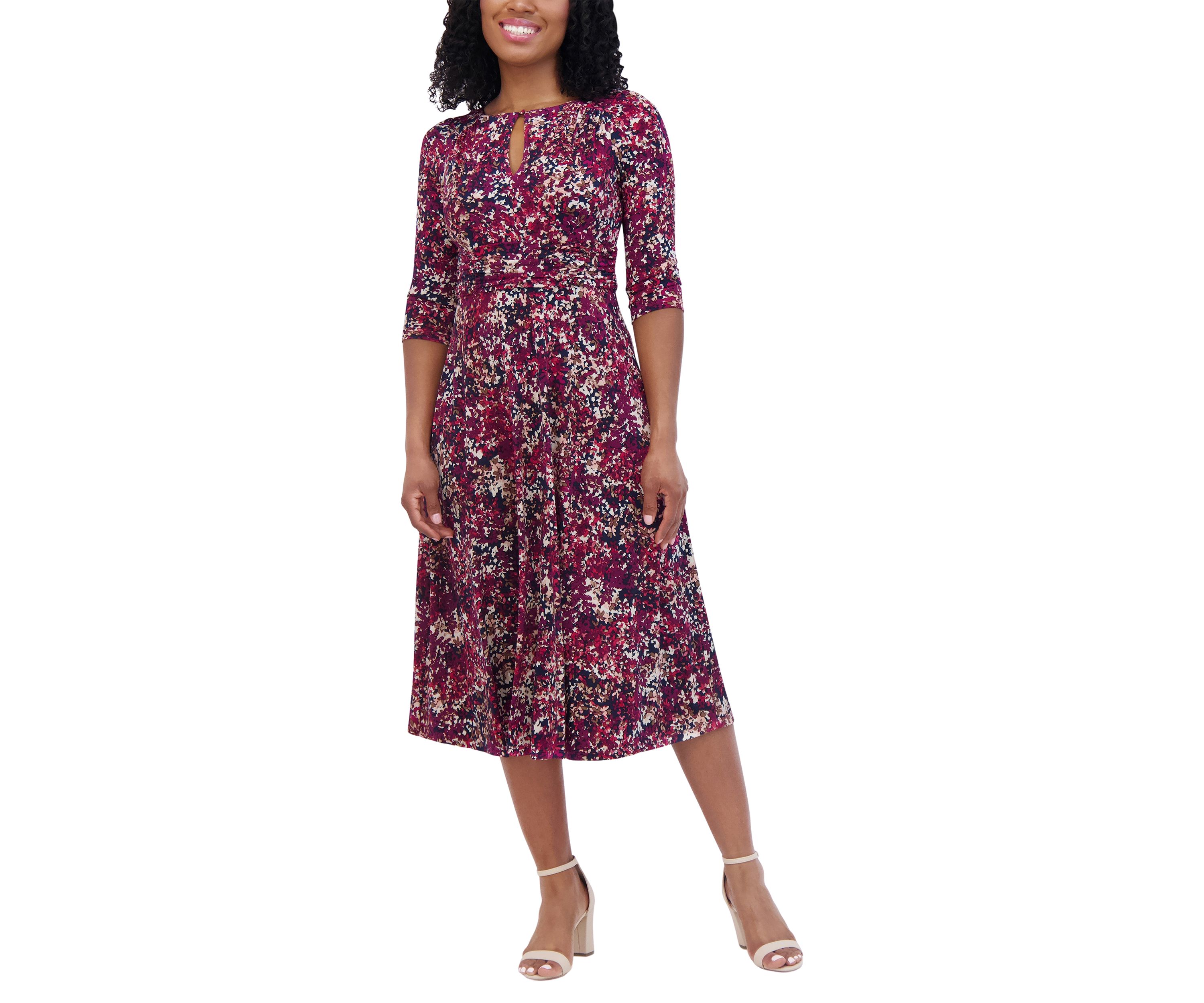 Womens 3/4 Sleeve Keyhole Neck Abstract Print Fit and Flare Dress