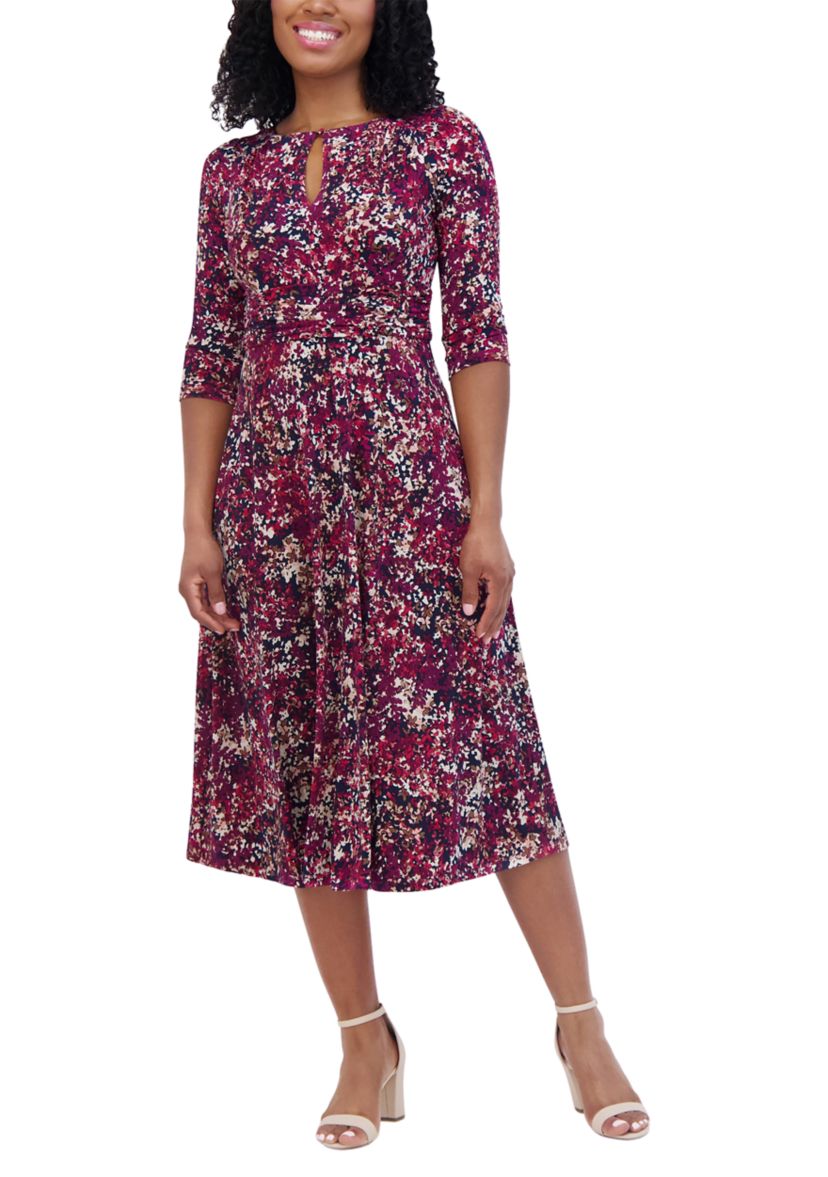 Womens 3/4 Sleeve Keyhole Neck Abstract Print Fit and Flare Dress