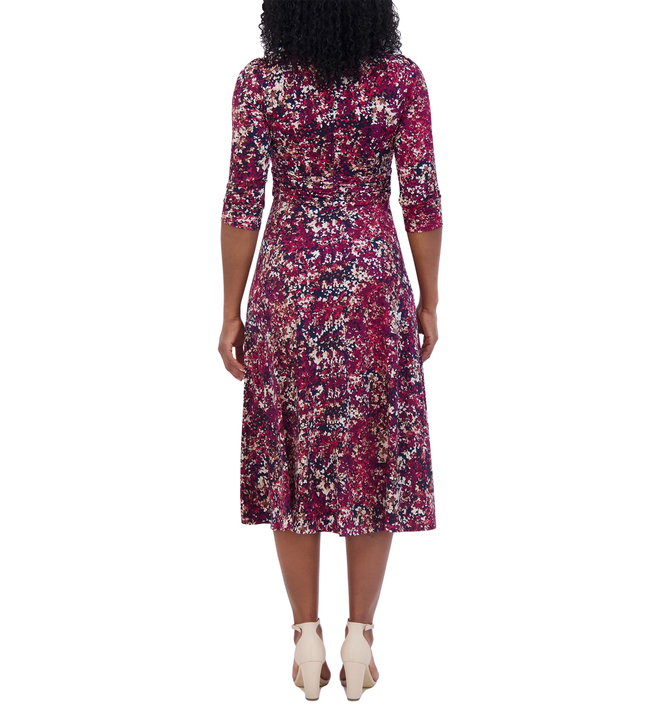 Womens 3/4 Sleeve Keyhole Neck Abstract Print Fit and Flare Dress