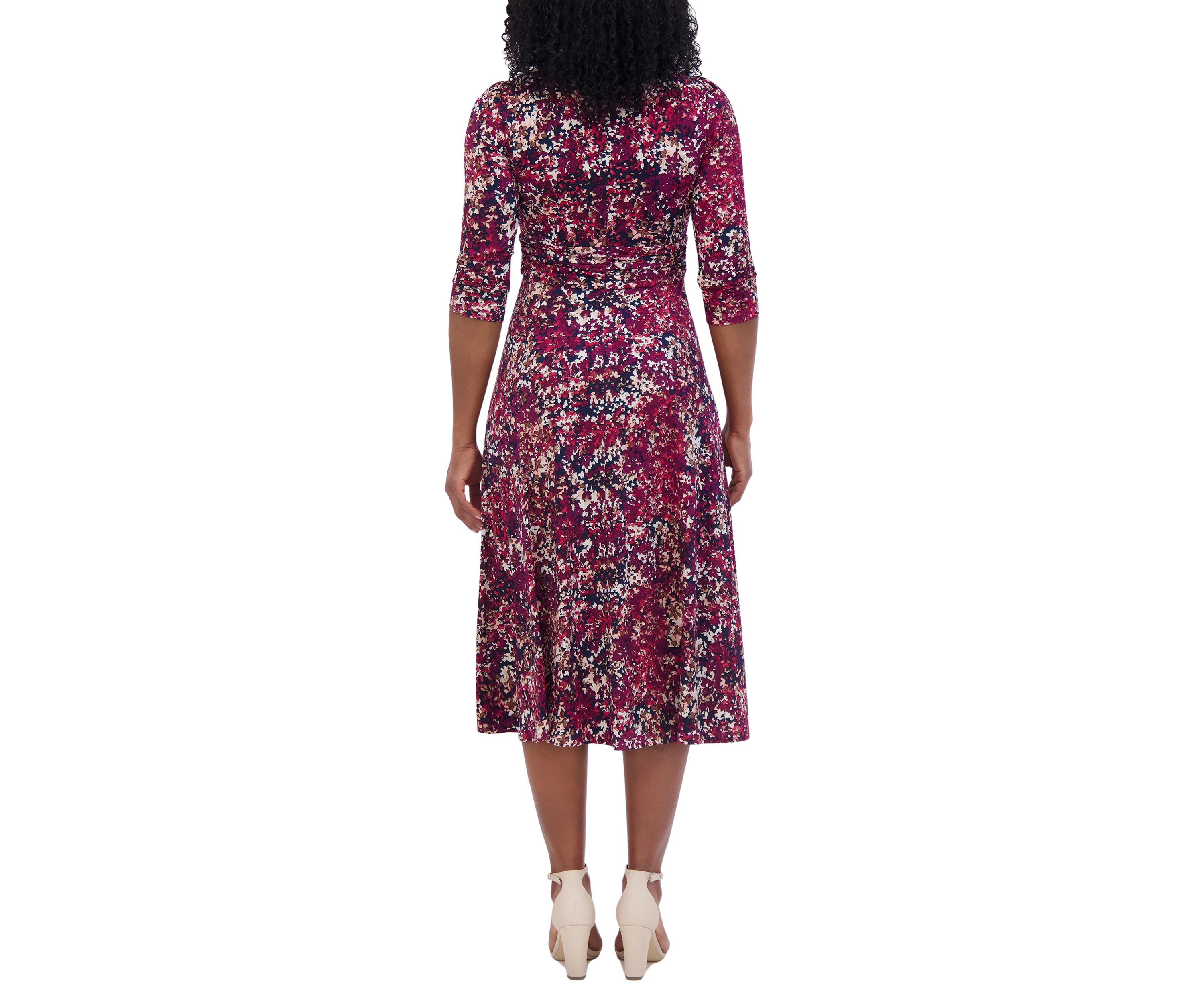 Womens 3/4 Sleeve Keyhole Neck Abstract Print Fit and Flare Dress