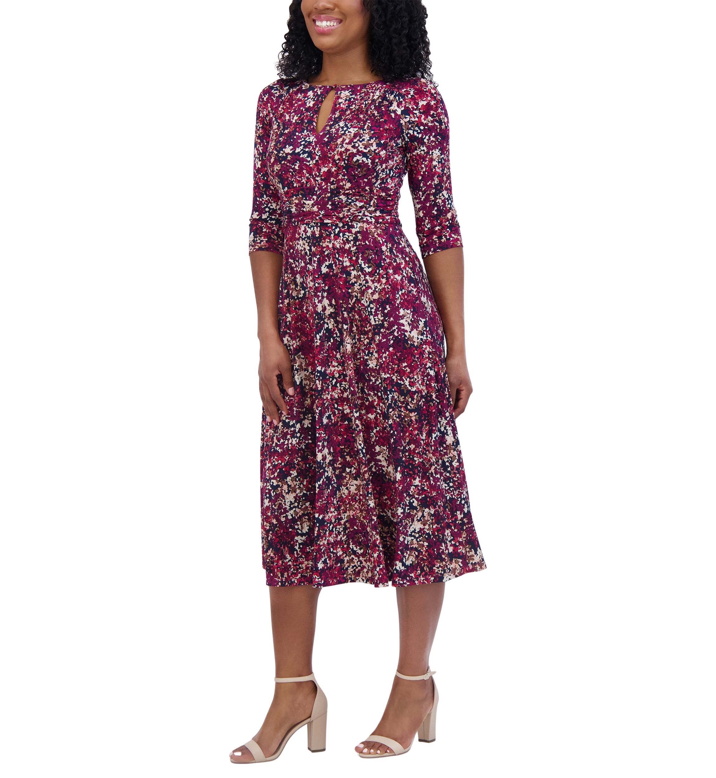 Womens 3/4 Sleeve Keyhole Neck Abstract Print Fit and Flare Dress