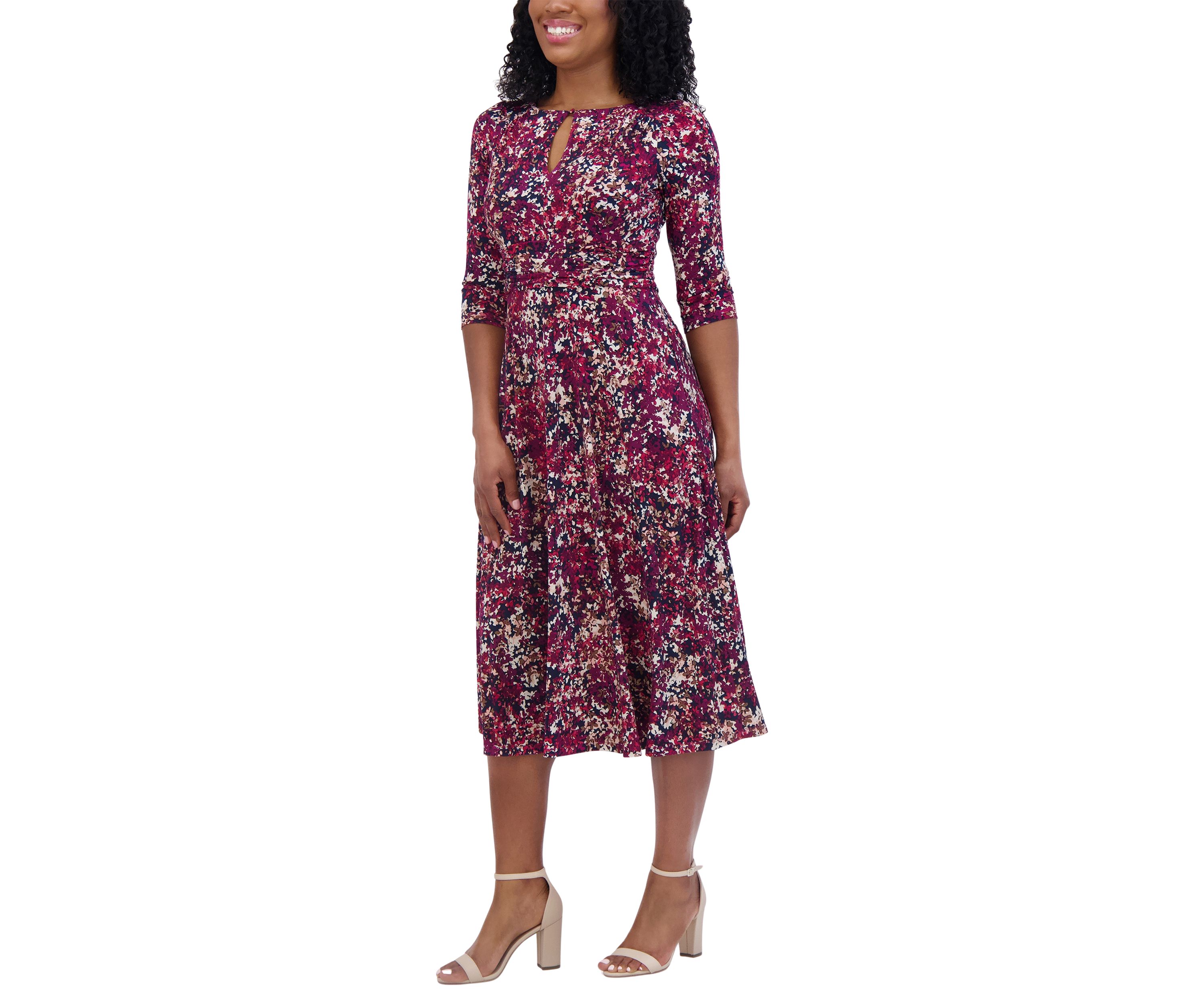 Womens 3/4 Sleeve Keyhole Neck Abstract Print Fit and Flare Dress