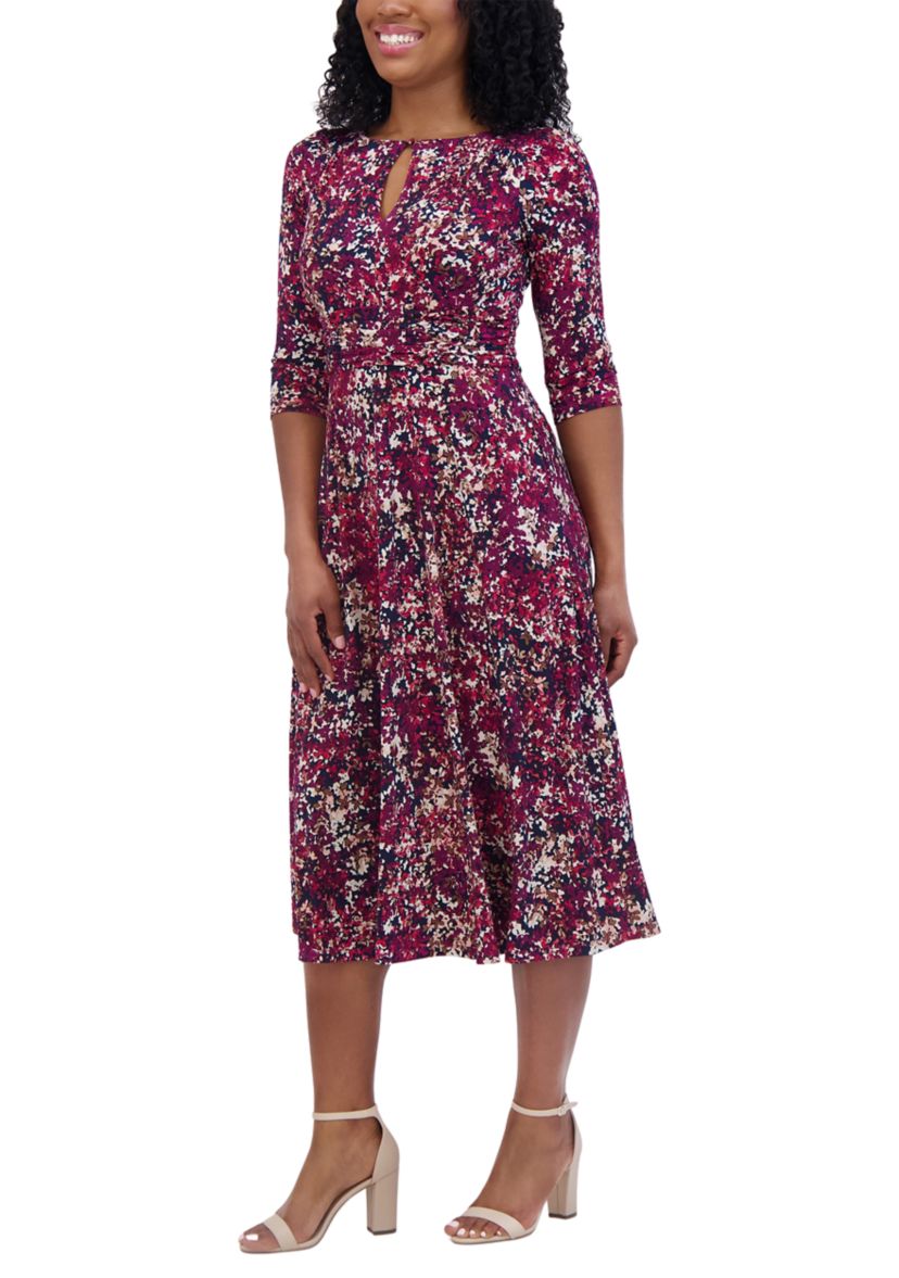 Womens 3/4 Sleeve Keyhole Neck Abstract Print Fit and Flare Dress