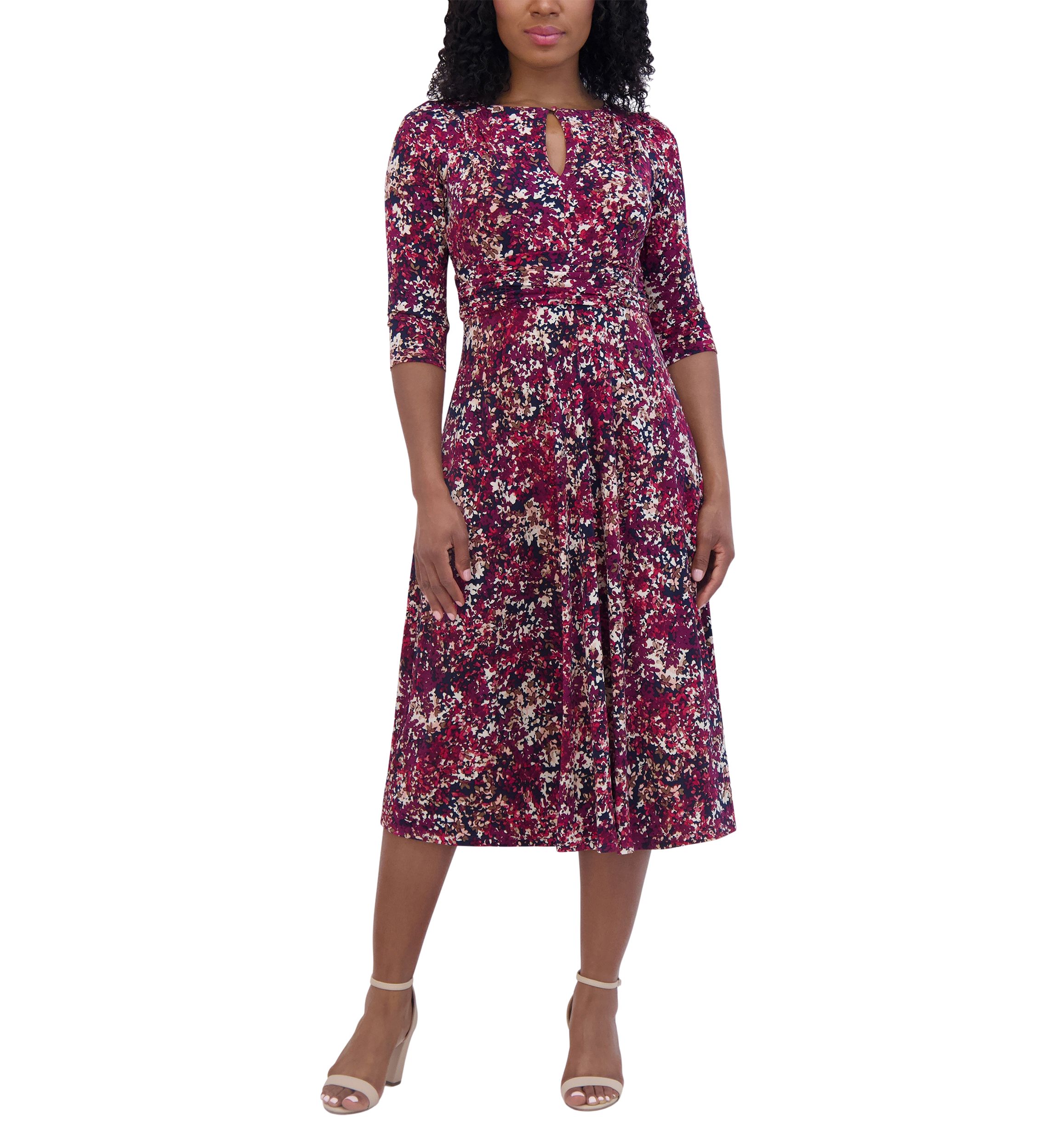 Womens 3/4 Sleeve Keyhole Neck Abstract Print Fit and Flare Dress