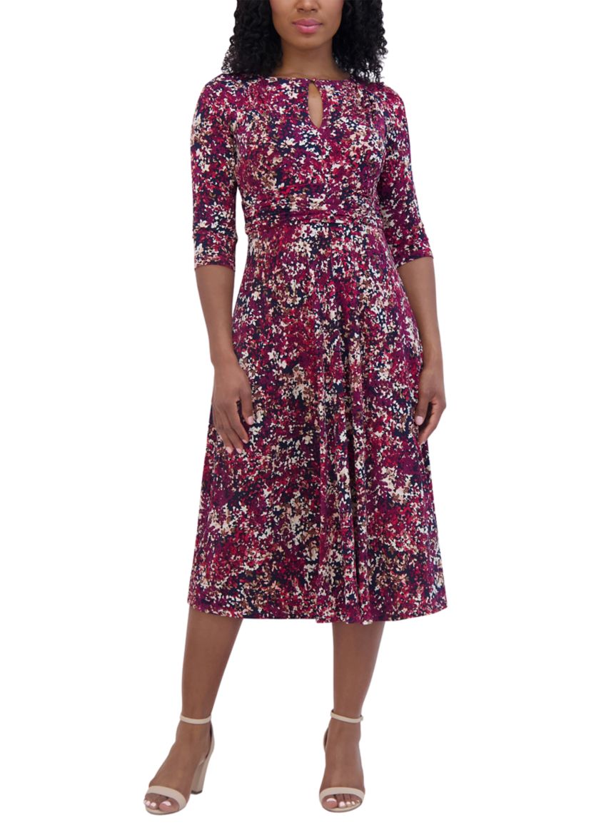 Womens 3/4 Sleeve Keyhole Neck Abstract Print Fit and Flare Dress
