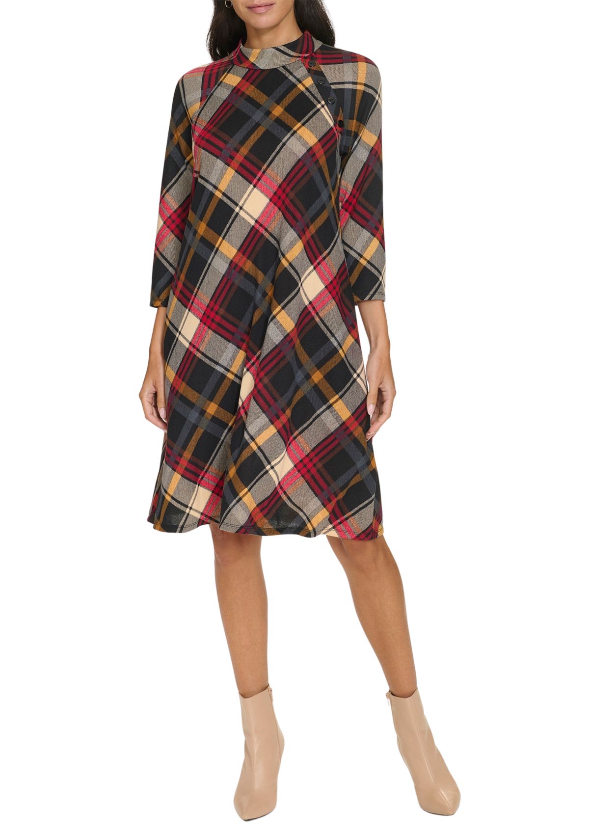 Womens 3/4 Sleeve Plaid Print A-Line Dress