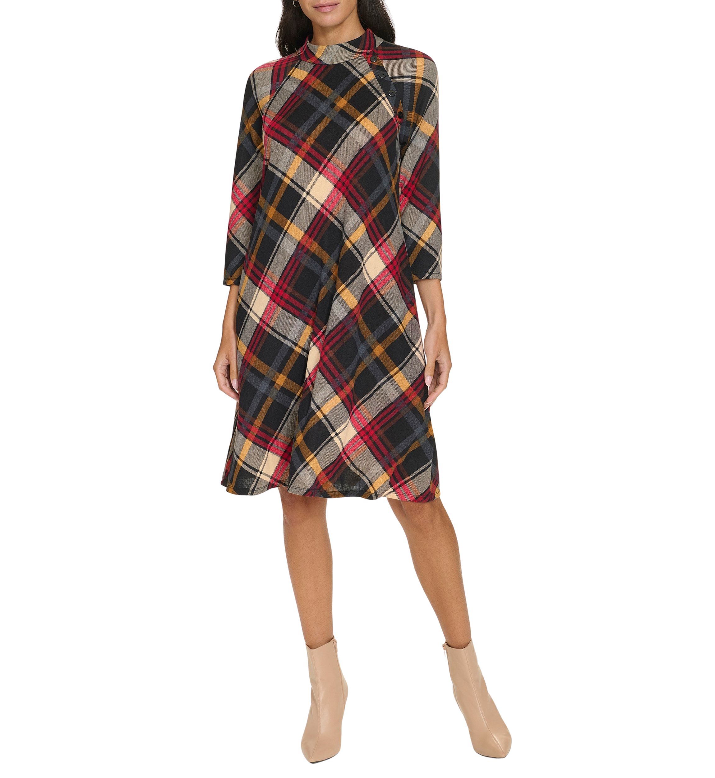 Womens 3/4 Sleeve Plaid Print A-Line Dress