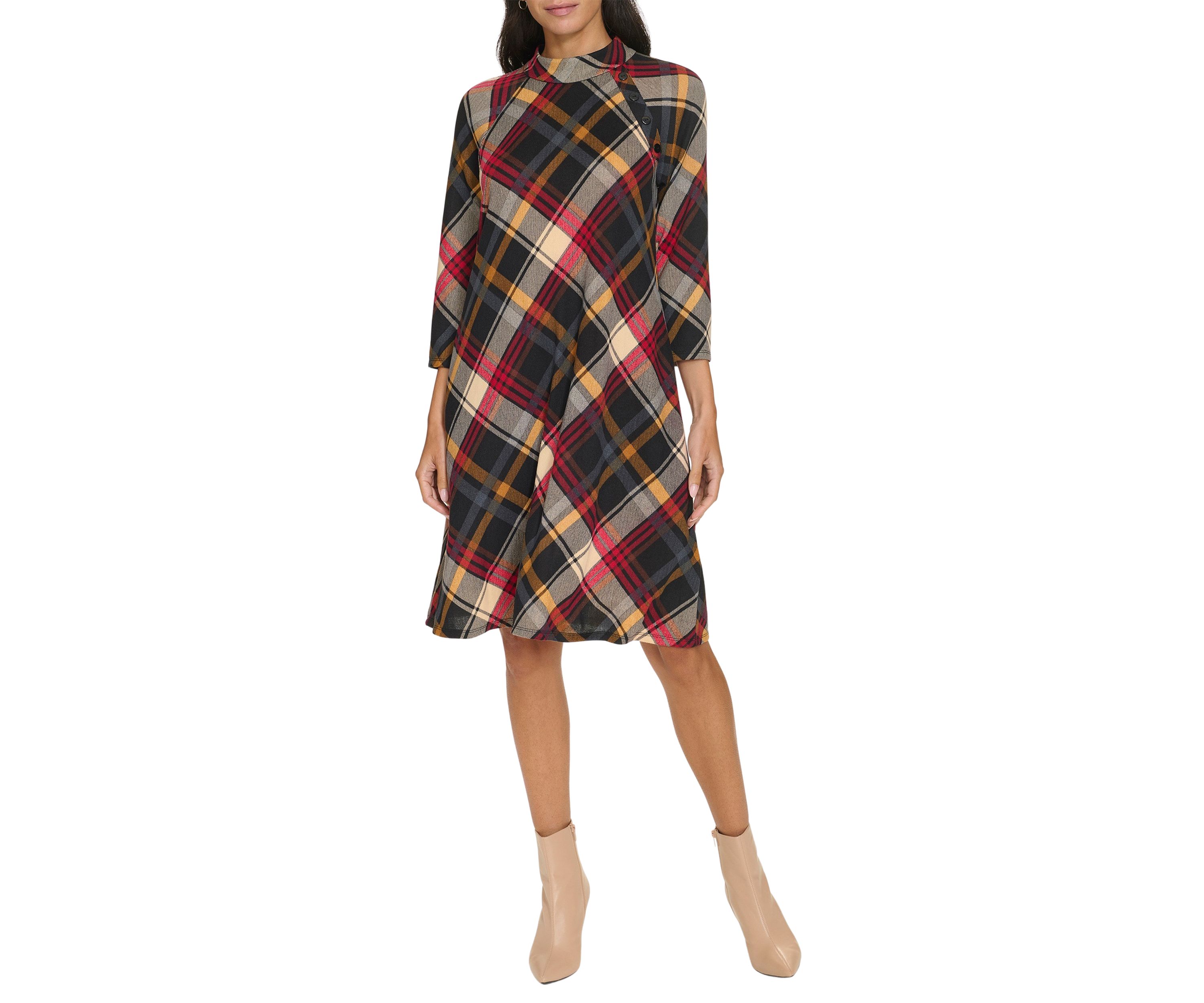 Womens 3/4 Sleeve Plaid Print A-Line Dress