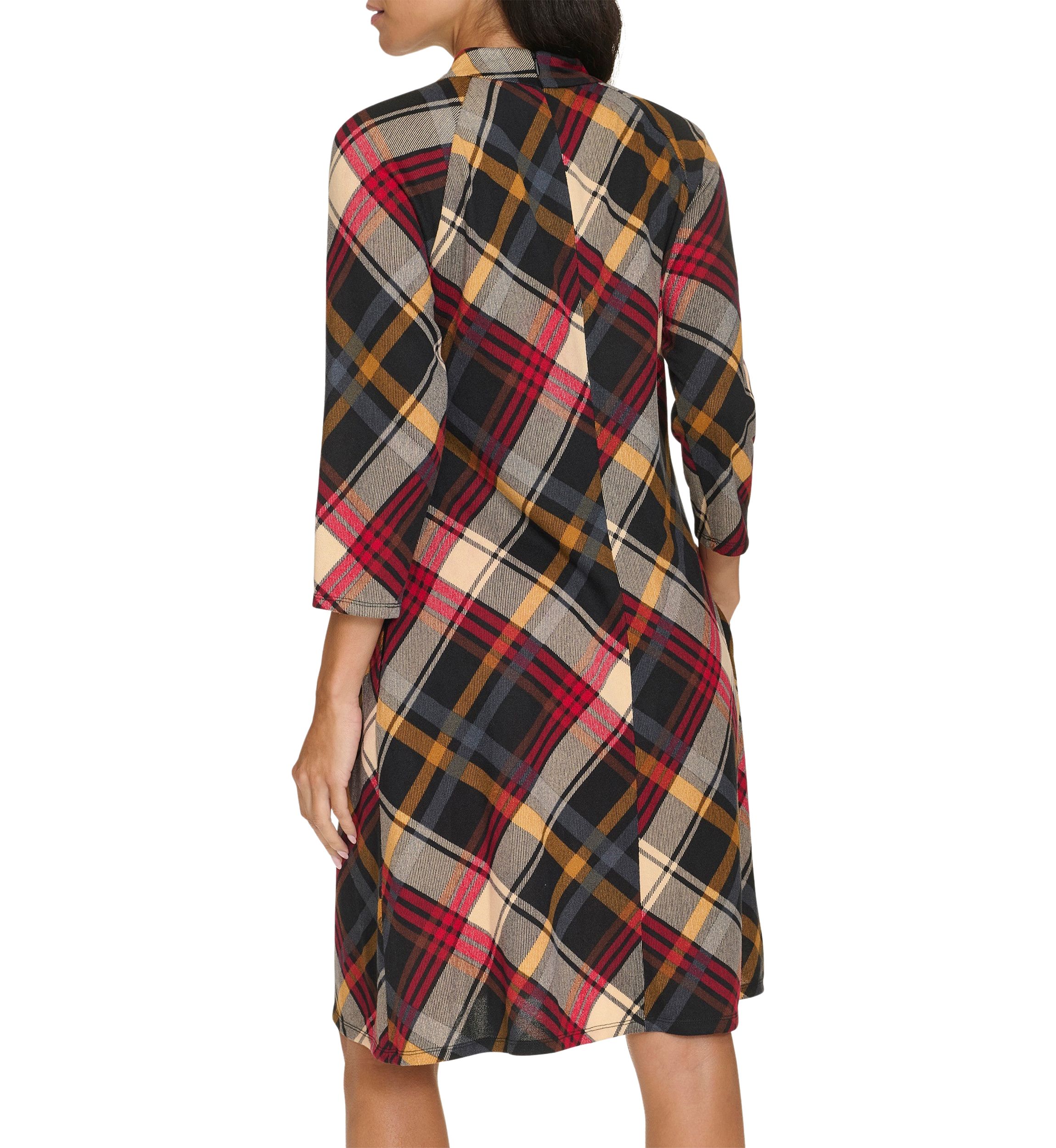 Womens 3/4 Sleeve Plaid Print A-Line Dress