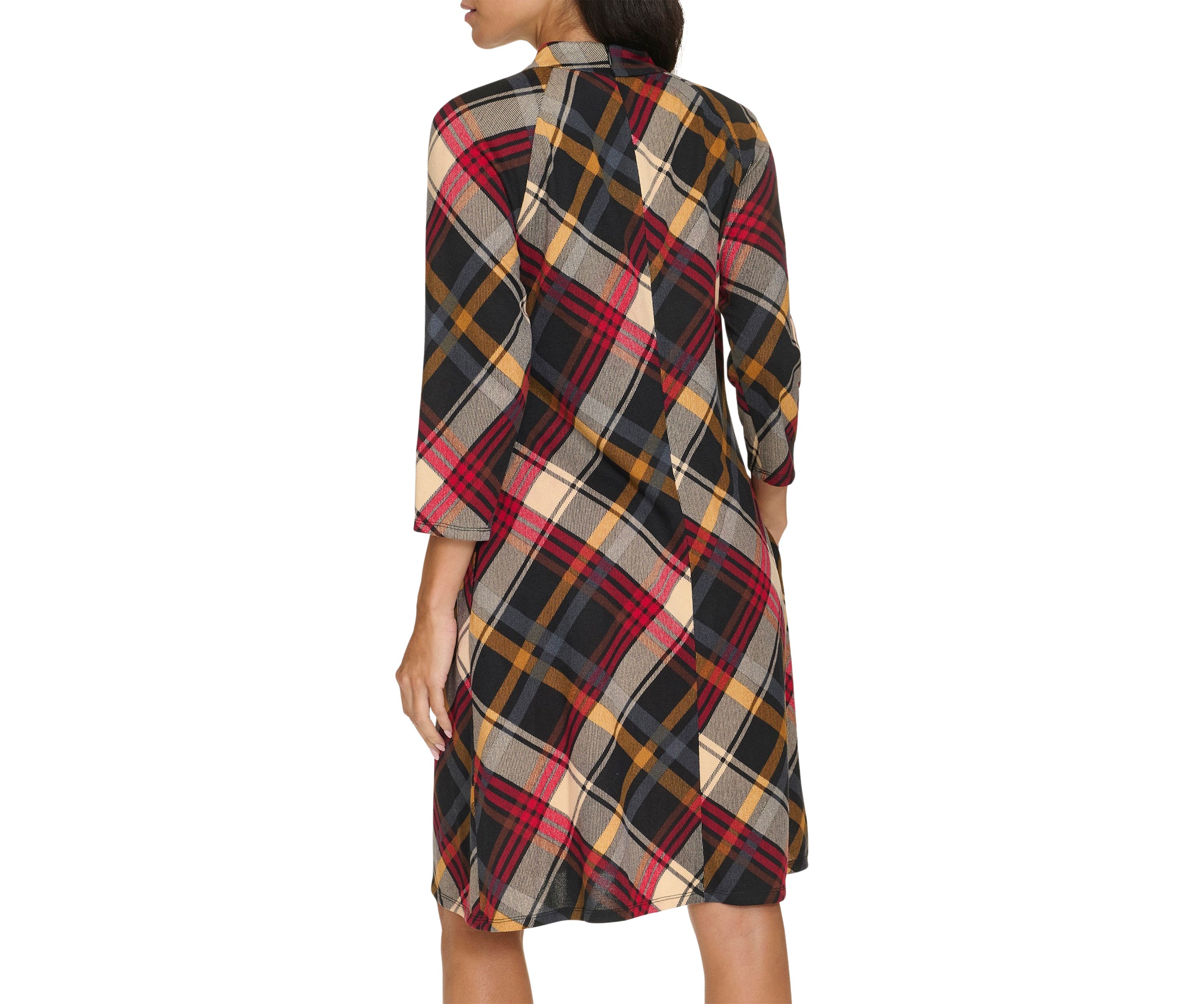 Womens 3/4 Sleeve Plaid Print A-Line Dress