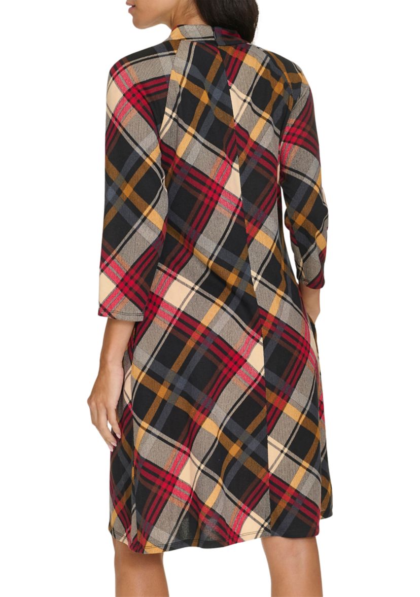 Womens 3/4 Sleeve Plaid Print A-Line Dress