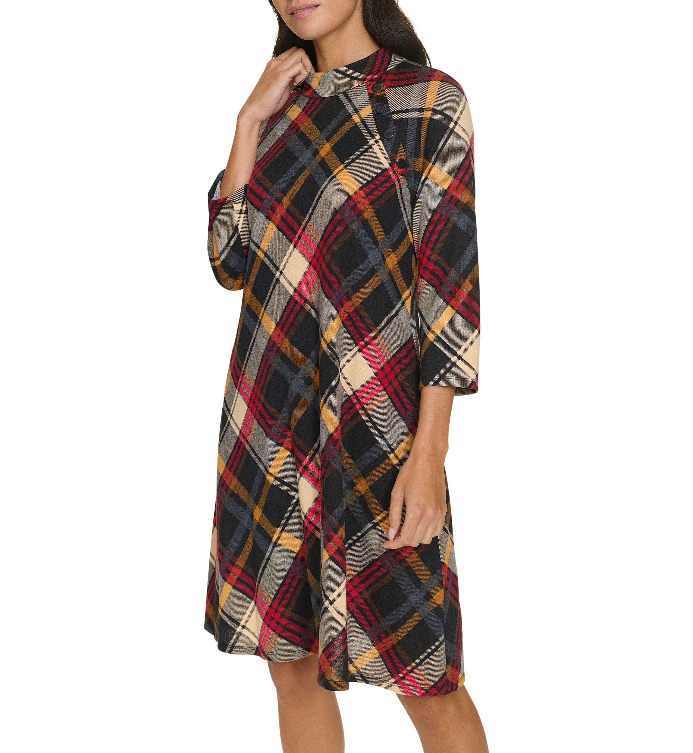 Womens 3/4 Sleeve Plaid Print A-Line Dress