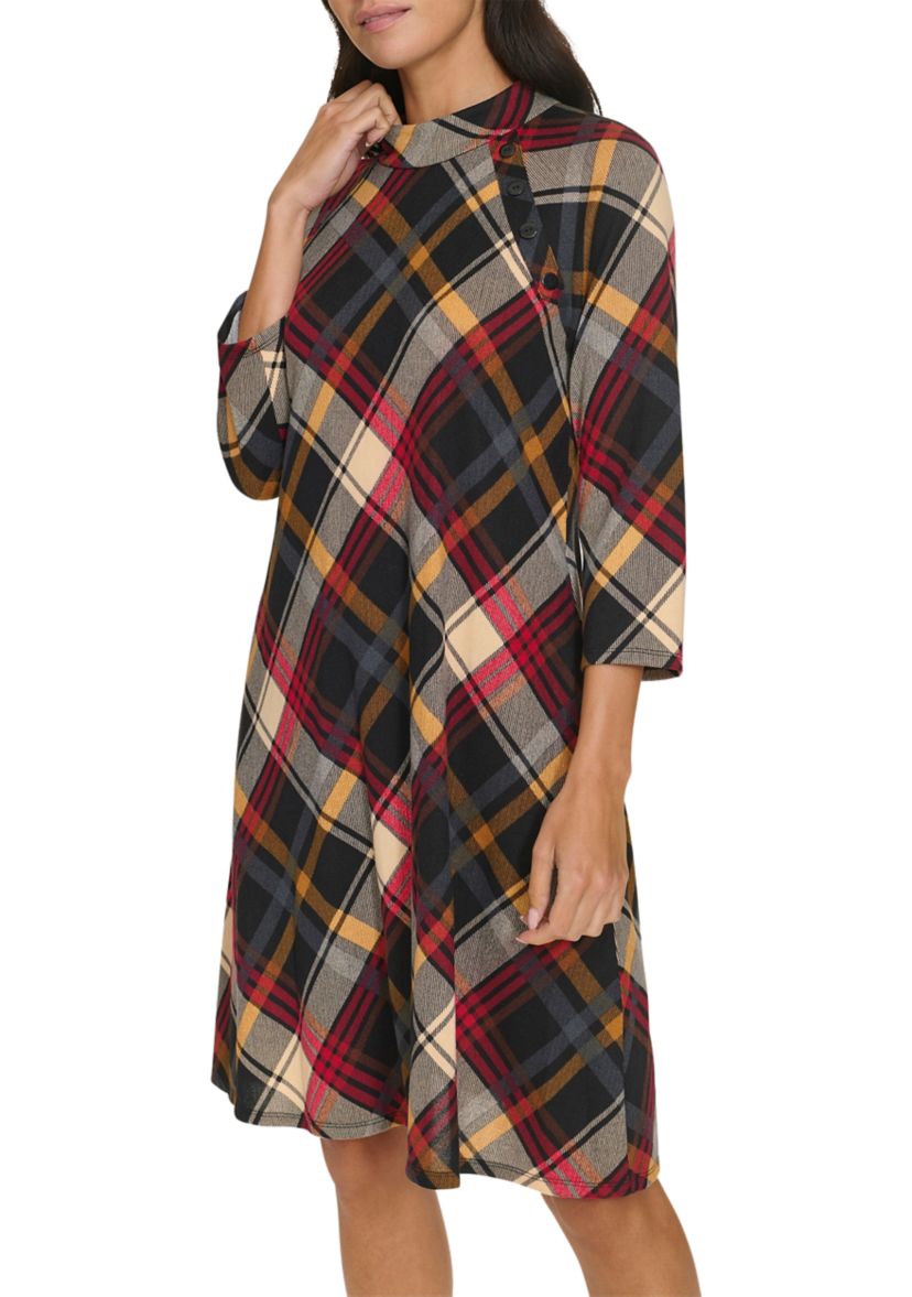 Womens 3/4 Sleeve Plaid Print A-Line Dress