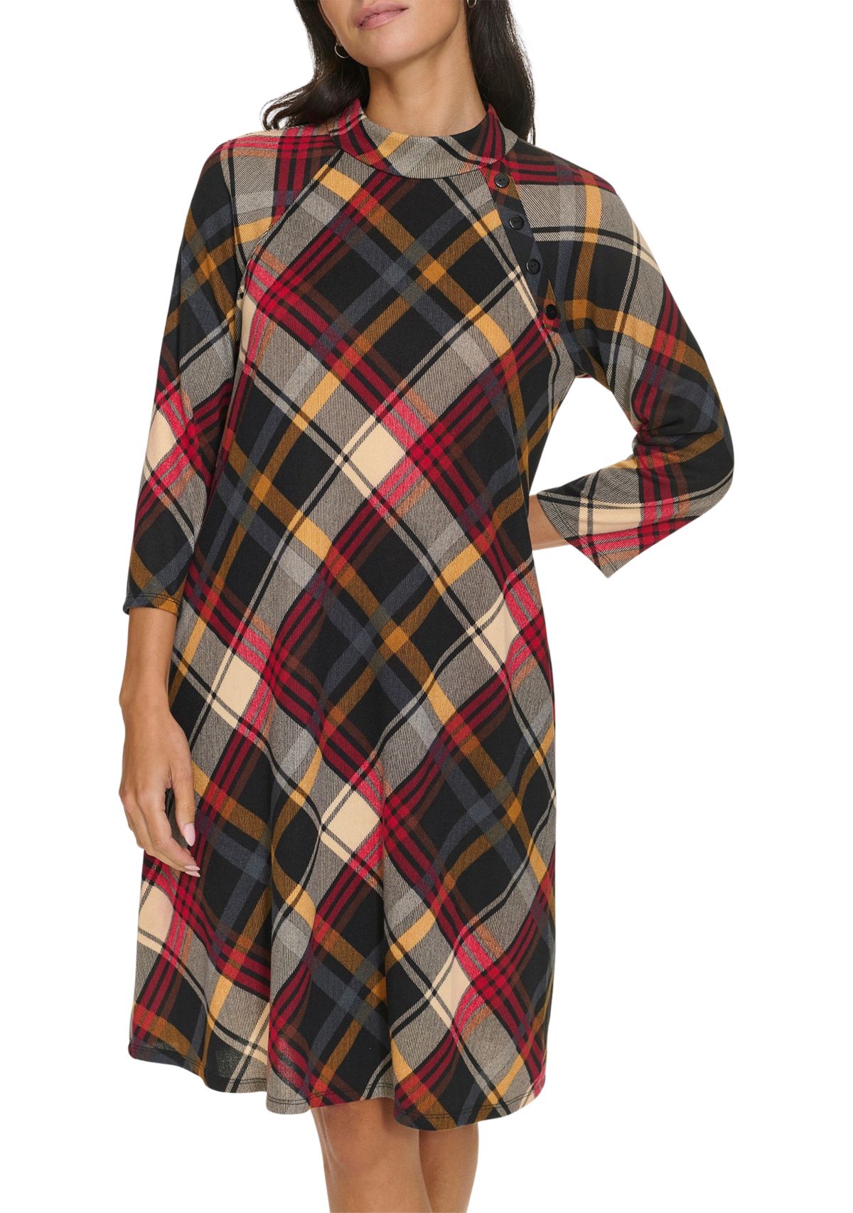 Womens 3/4 Sleeve Plaid Print A-Line Dress