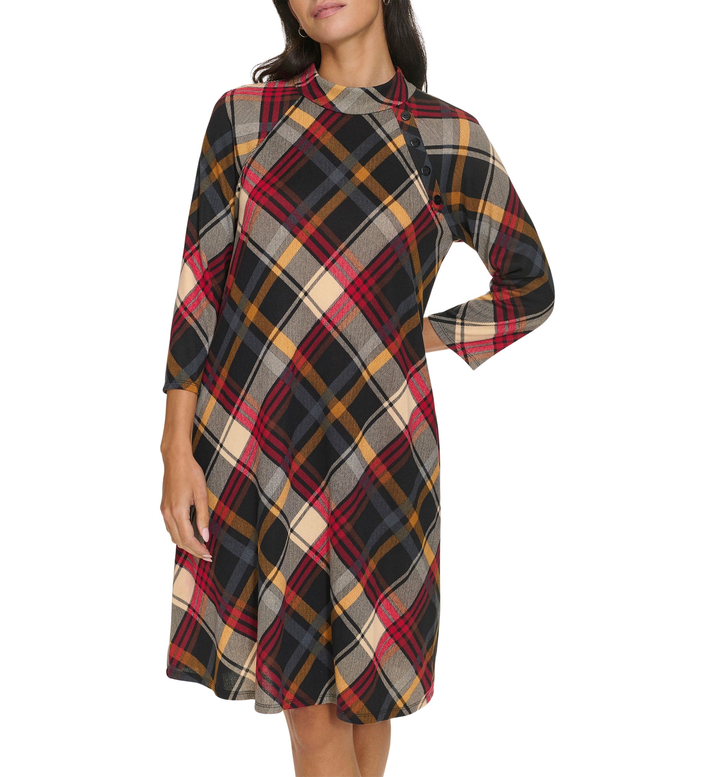 Womens 3/4 Sleeve Plaid Print A-Line Dress