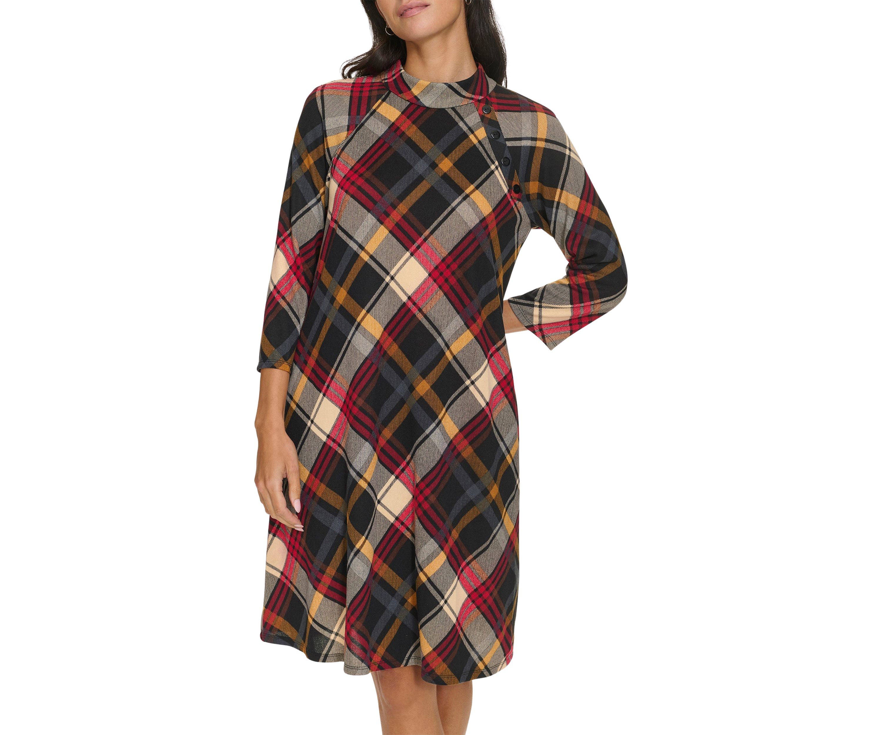 Womens 3/4 Sleeve Plaid Print A-Line Dress