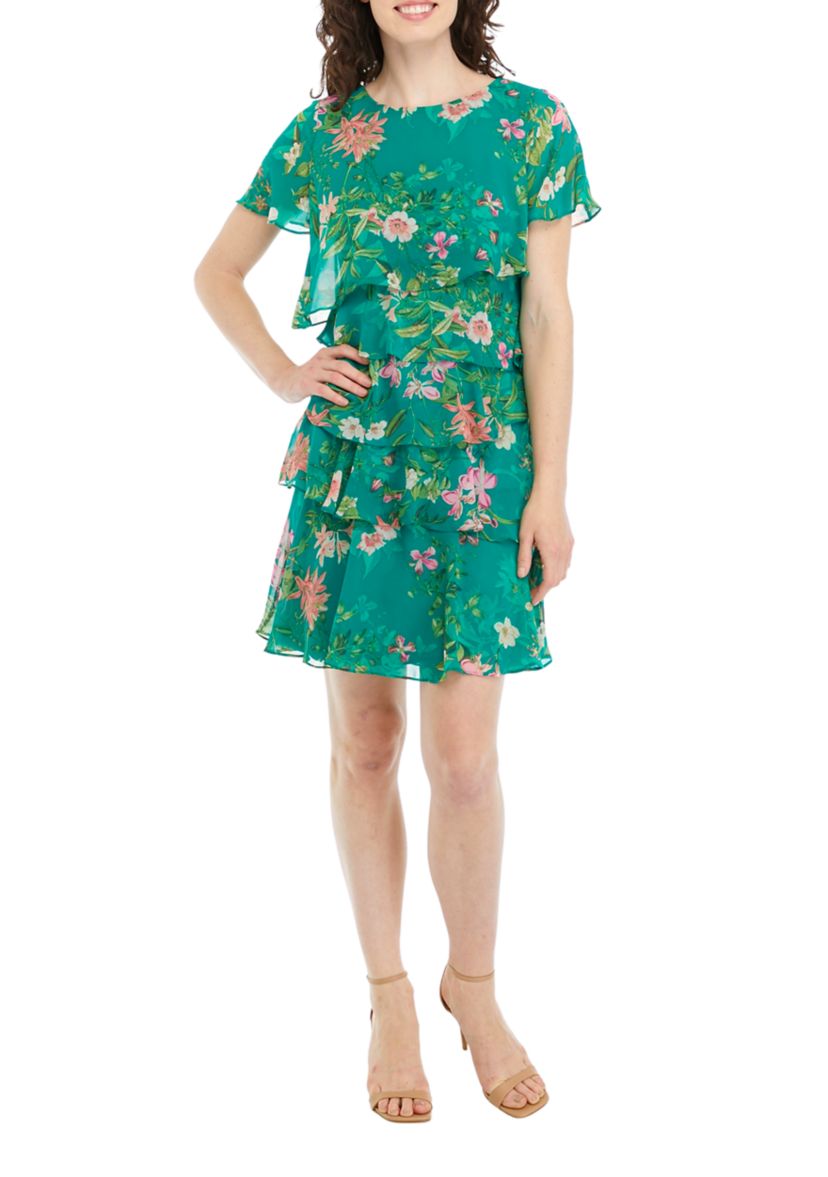 Jessica Howard Women's Short Sleeve Floral Print Tiered A-Line Dress