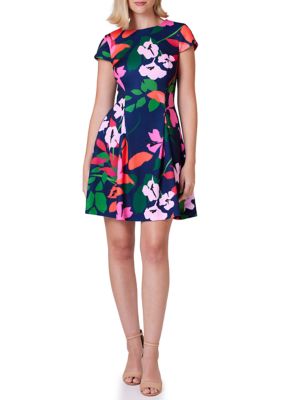 Women's Floral Printed Scuba Fit and Flare Dress