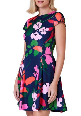Women's Floral Printed Scuba Fit and Flare Dress