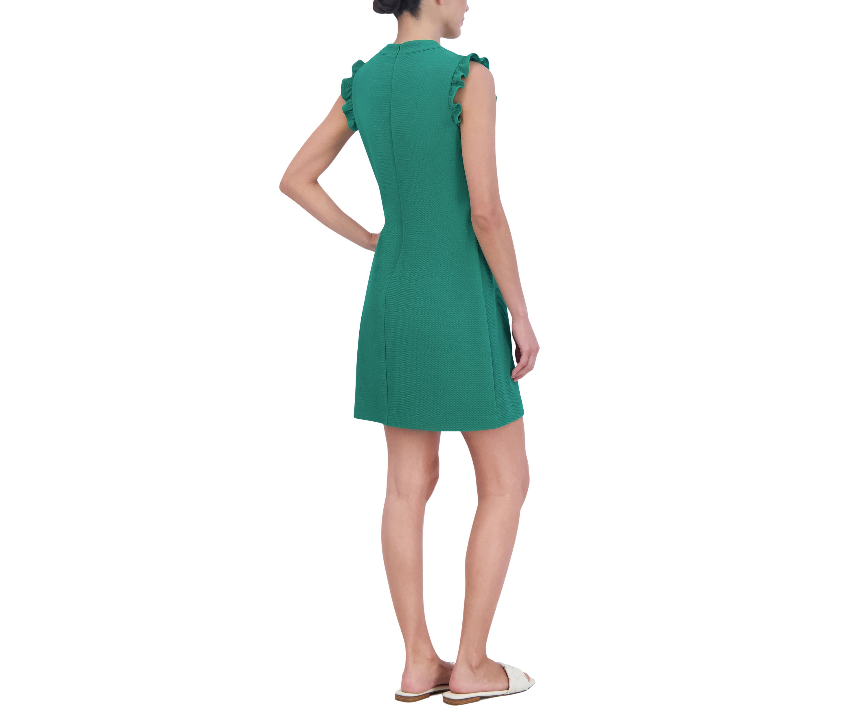 Womens Frill Sleeveless V-Neck Solid Sheath Dress