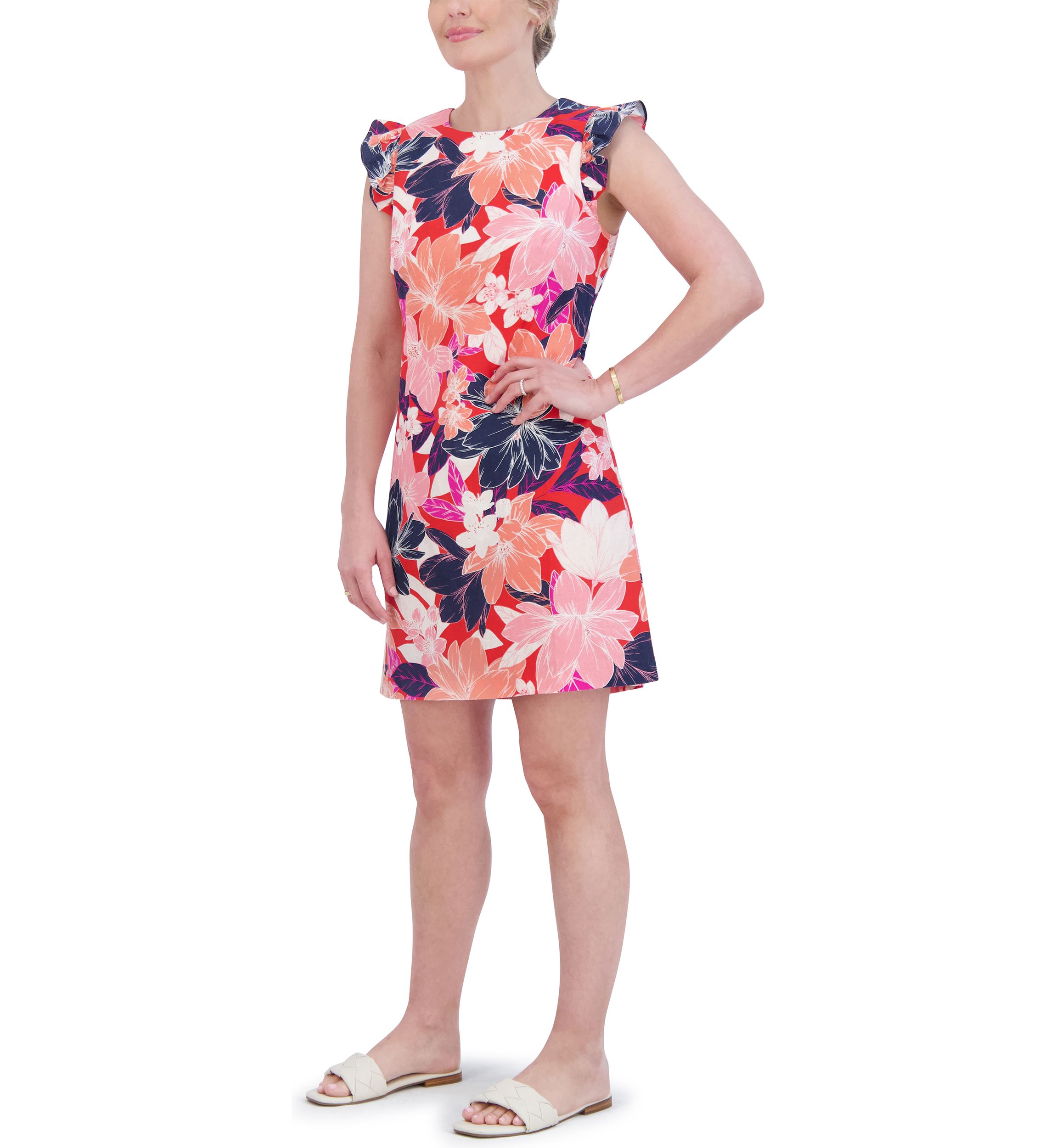 Womens Floral Printed Flutter Sleeve Dress