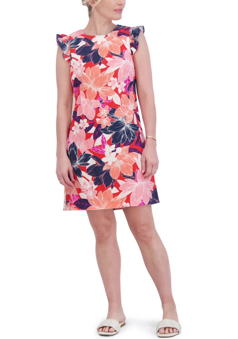 Womens Floral Printed Flutter Sleeve Dress