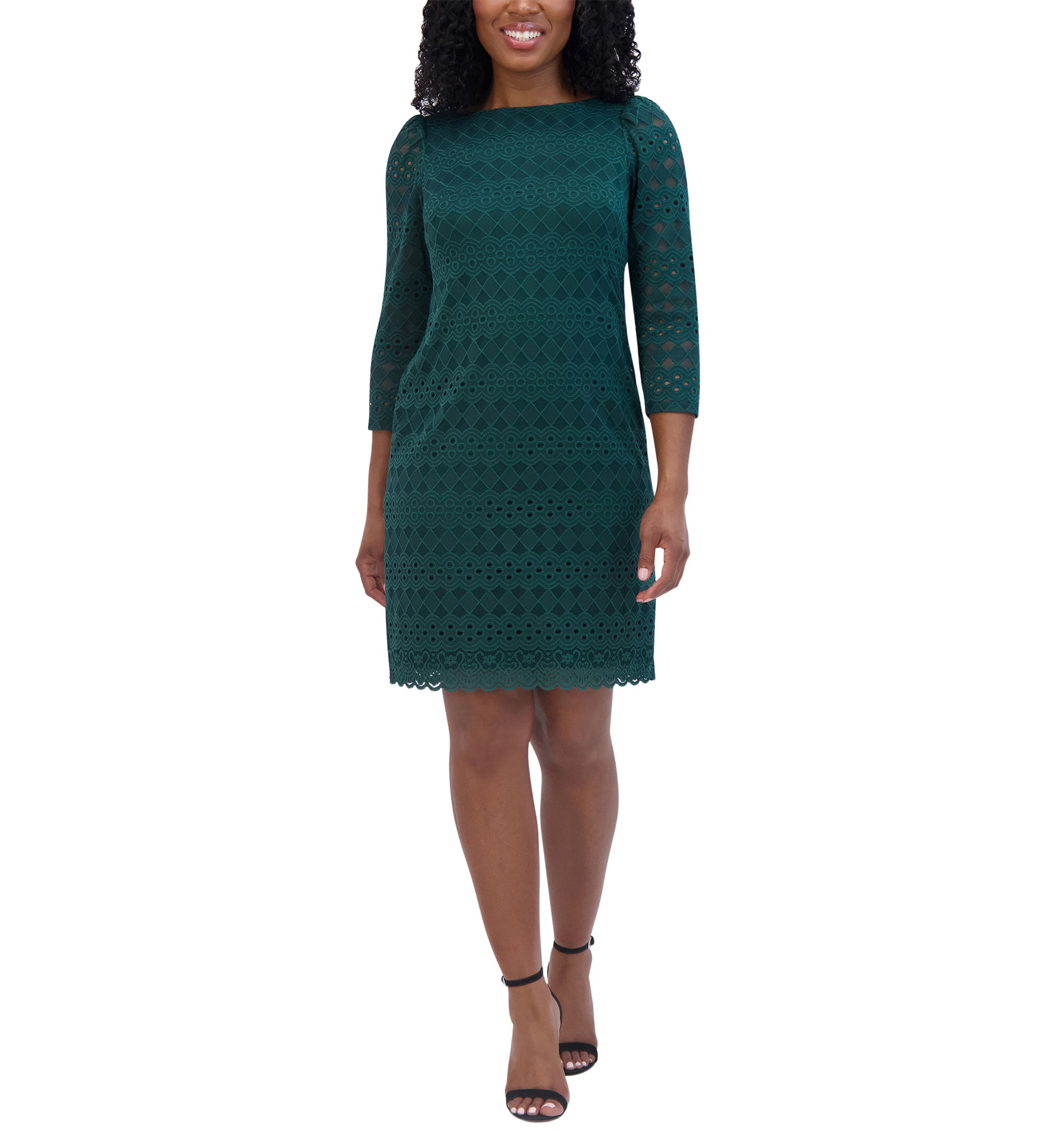Womens 3/4 Sleeve Round Neck Solid Lace A-Line Dress