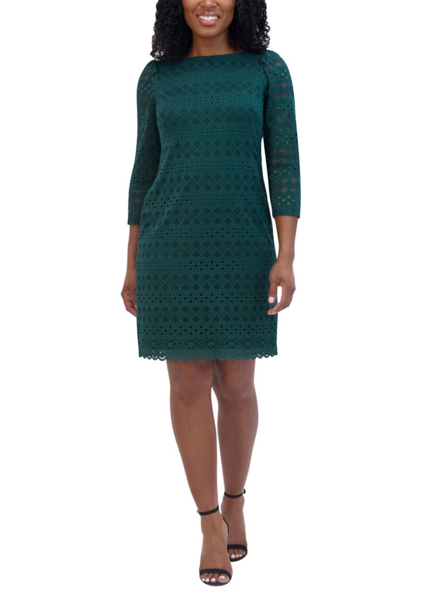 Womens 3/4 Sleeve Round Neck Solid Lace A-Line Dress