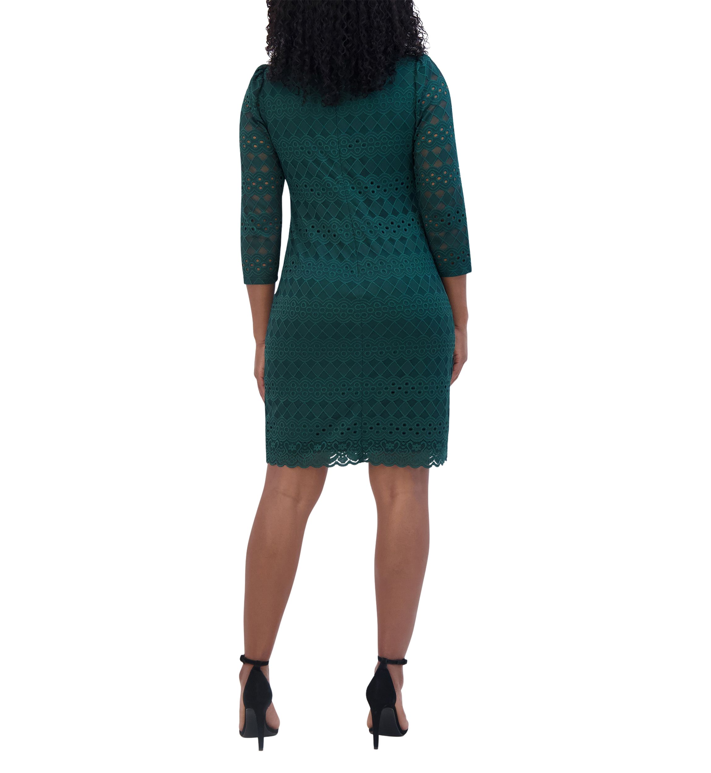 Womens 3/4 Sleeve Round Neck Solid Lace A-Line Dress