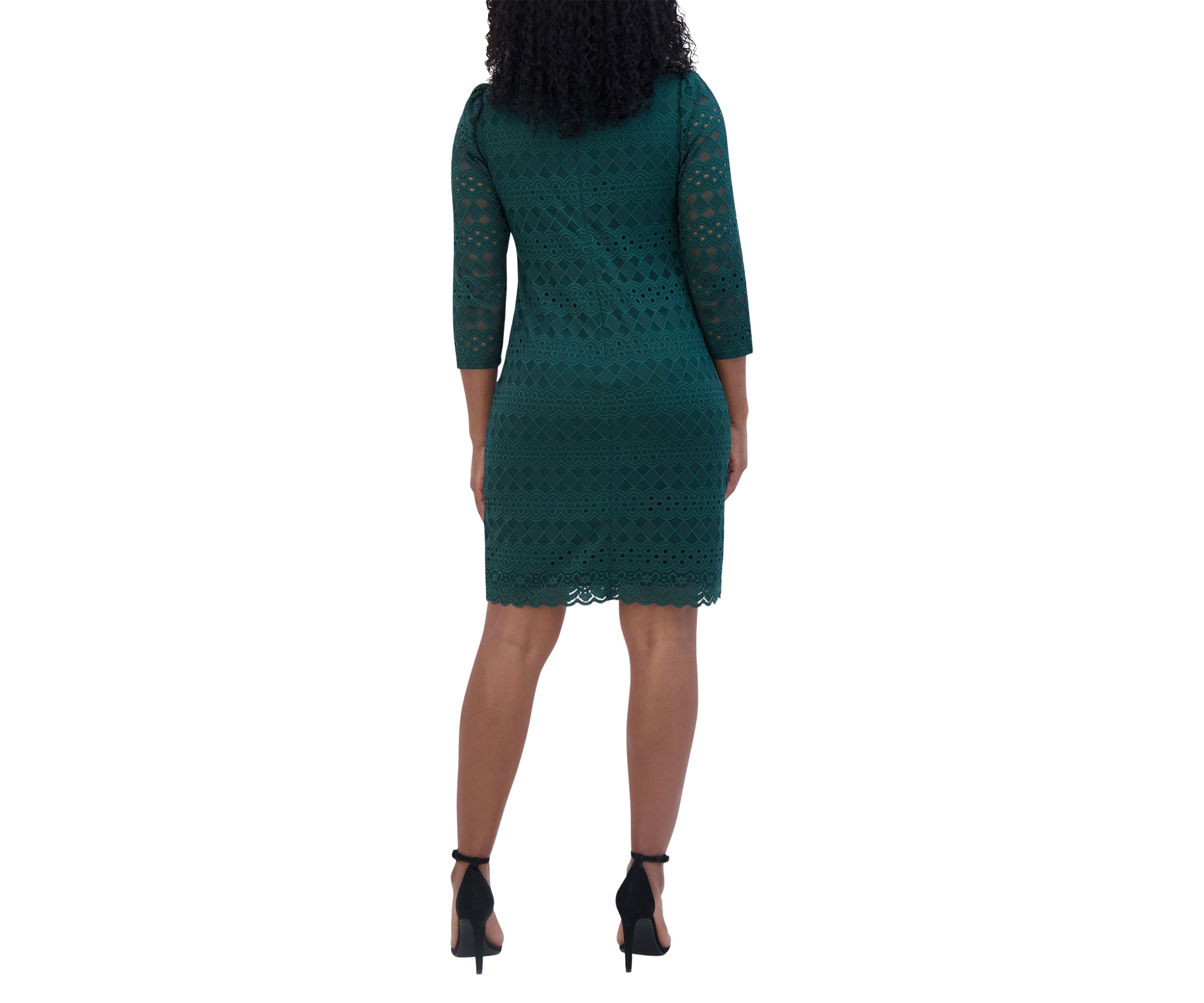 Womens 3/4 Sleeve Round Neck Solid Lace A-Line Dress